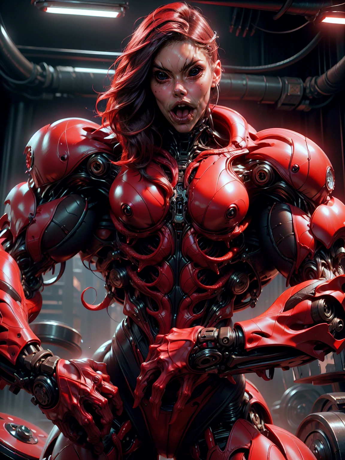 (beautiful girl:1.25), (megan fox:1.25), (young bodybuilder girl wearing cybernetic muscle suit:1.25), carnage muscular physique, seductive face, mouth wide open carnage style, long red hair, perfect muscular body, super skinny legs, sissy, femboy, (carnage style physique)