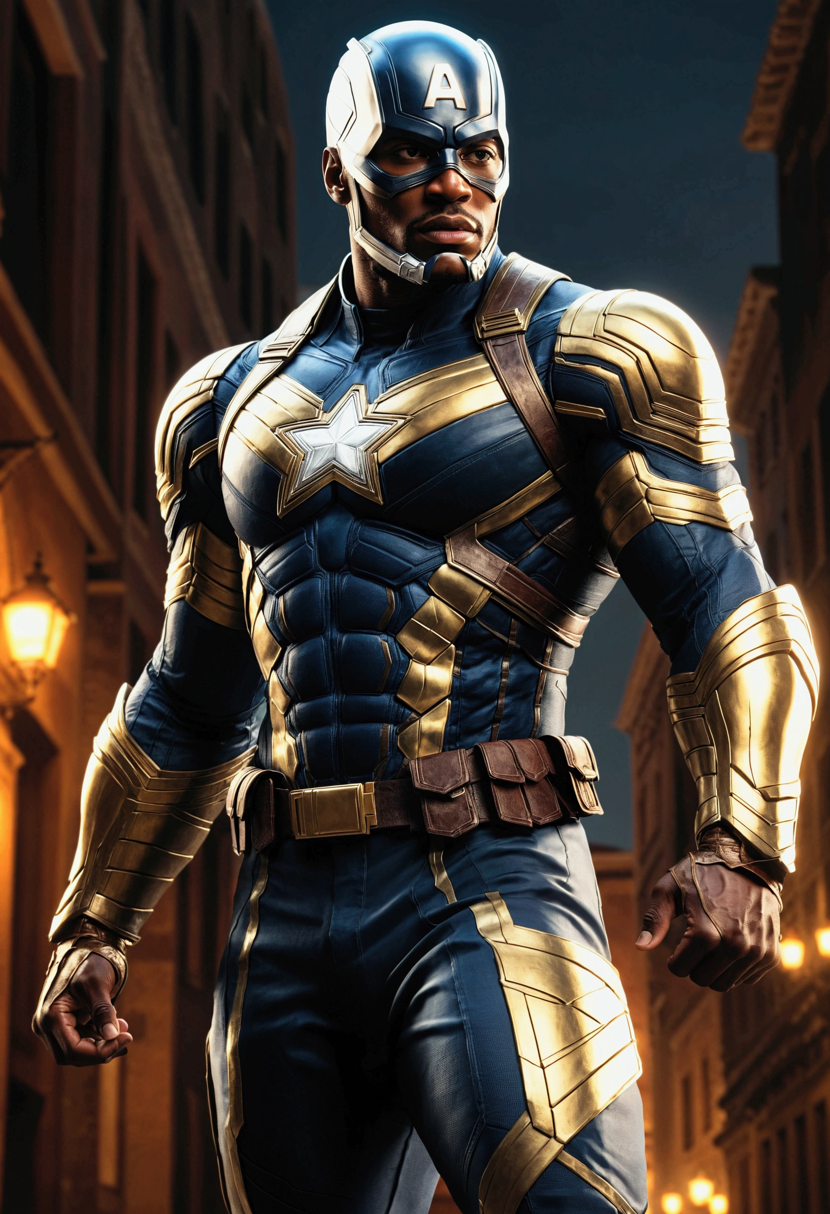 full body photo of black Captain America in white and gold armor style suit, no mask, white cape, looking at central camera, perfect composition, beautiful detailed intricately detailed octane render trends on ArtStation, 8k artistic photography, photorealistic concept art, soft natural volumetric cinematic perfect light, chiaroscuro, award-winning photography, Artwork, oil on canvas, Raphael, Caravaggio, Greg Rutkowski, Beetle, Beksinski, Giger, trends on ArtStation, sharp focus, studio photo, Intricate details, highly detailed, night city background, by Greg Rutkowski