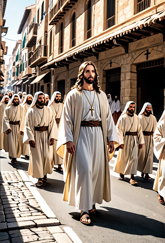 Jesus Christ Walking with His Disciples on the Street