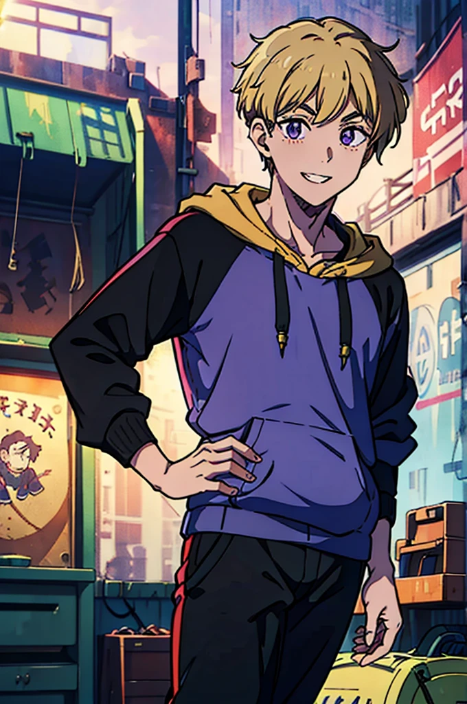 8k, original, 1boy, solo, teenager, illustration, mix, (single object), hd, absurdres, lora ((mappa studio style)), anime style, 2d, celshade style, digital art, (short hair), (((undercut hairstyle))), side-trimmed hair, (blonde hair), ((dark purple short sleeves hoodie)), ((under (sweater) with tight sleeves, ((long sleeves)), black sleeves)), black long pants, red sneakers, wide smile, teeth, abandoned factory, hands on hip
