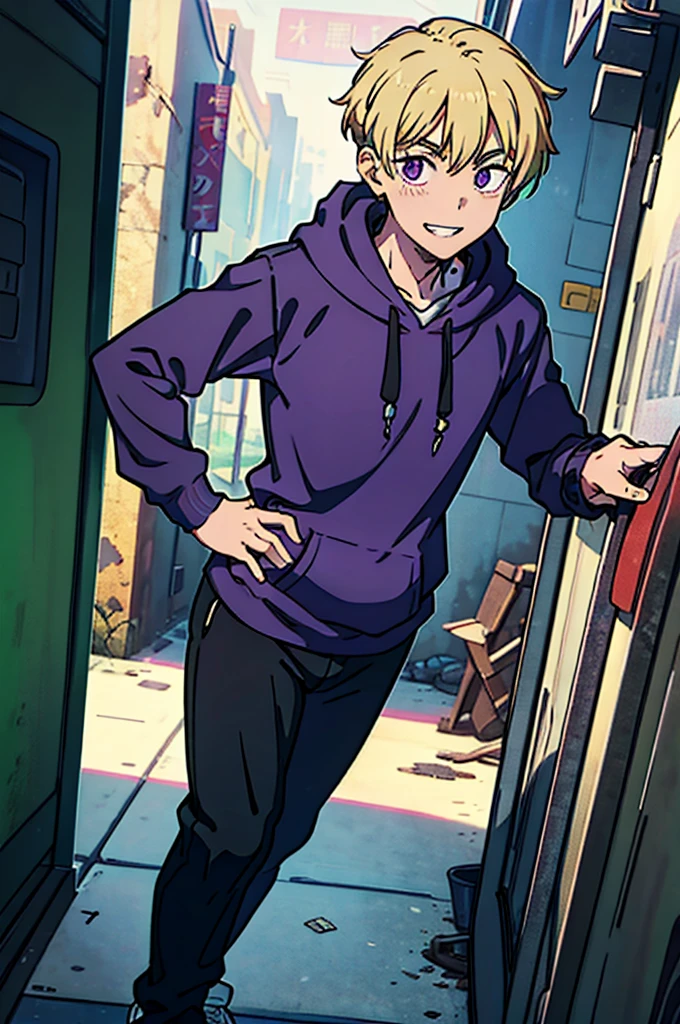 8k, original, 1boy, solo, teenager, illustration, mix, (single object), hd, absurdres, lora ((mappa studio style)), anime style, 2d, celshade style, digital art, (short hair), (((undercut hairstyle))), side-trimmed hair, (blonde hair),  ((dark purple short sleeves hoodie)), ((under (sweater) with tight sleeves, ((long sleeves)), black sleeves)), black long pants, red sneakers, wide smile, teeth, abandoned factory, hands on hip