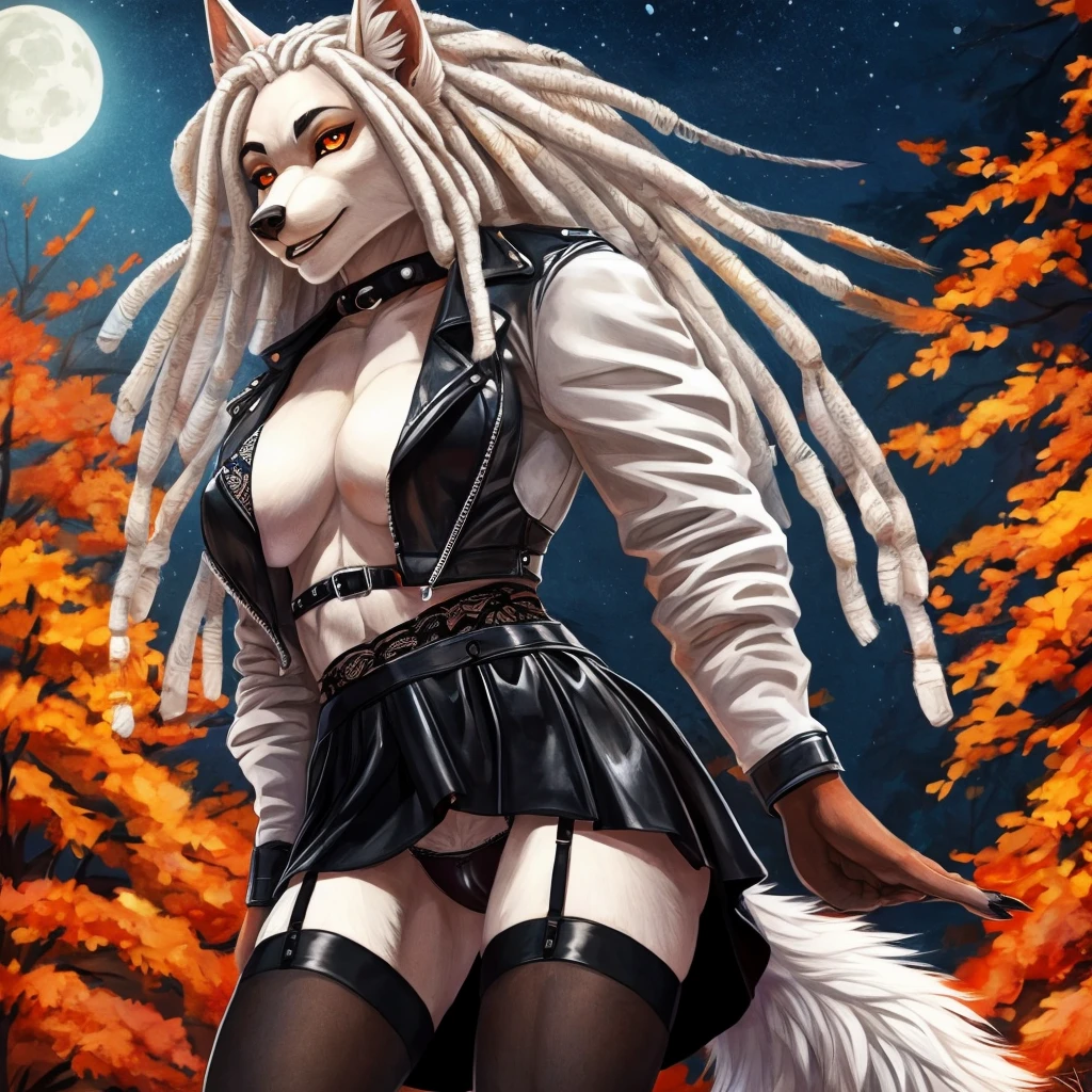 werewolf female, white fur, white hair with dreadlocks, a little muscular, orange eyes, wearing a top color white, wearing a leather jacket color black open, wearing a miniskirt color black, lingerie panties under skirt, furry art.