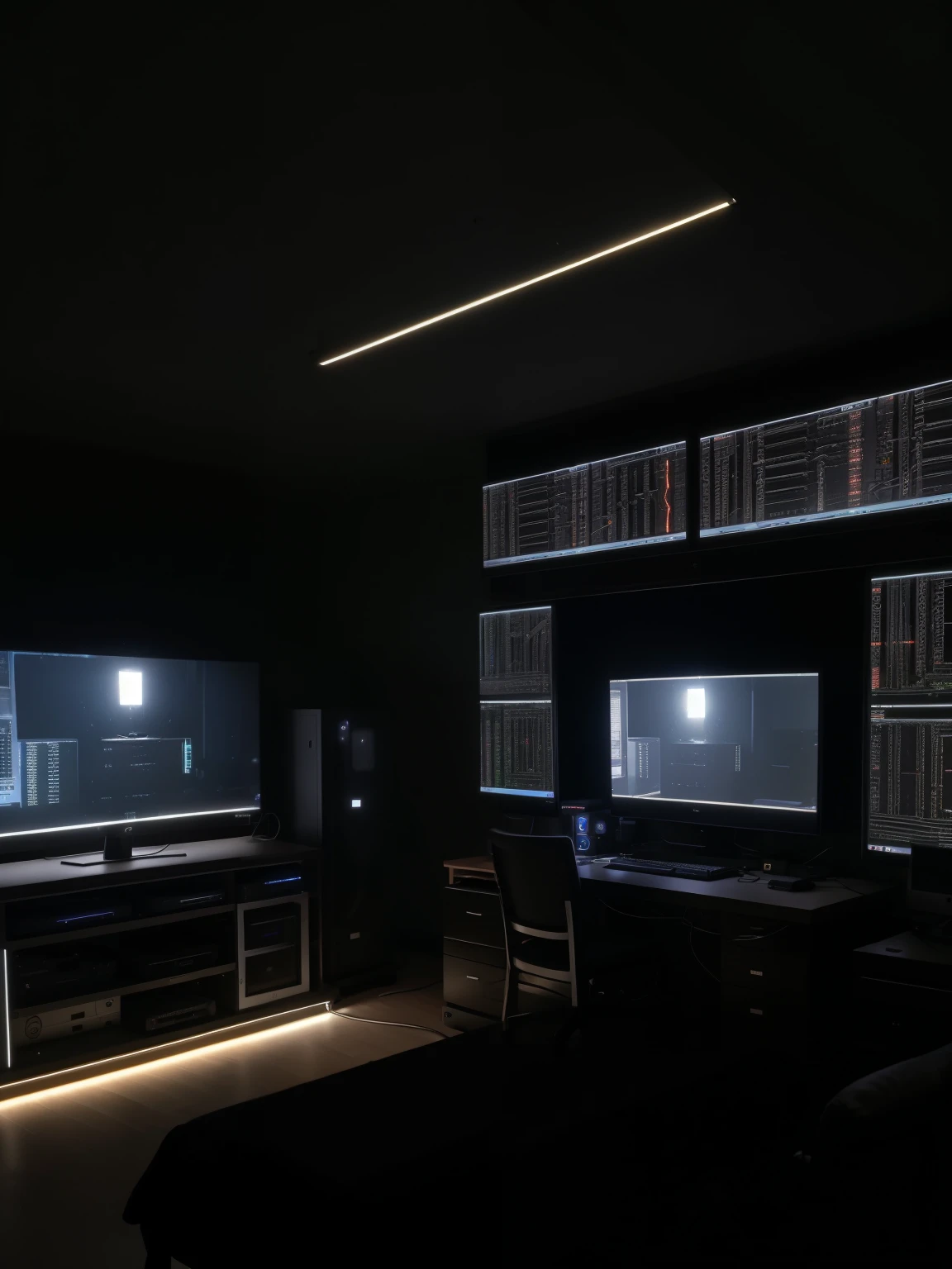 a hacker room that has a large server center with cables and lights, a very robust dedicated server with a lot of technology, dark bedroom, low lighting, ultra realistic detail 8k (3 LARGE MONITORS) details on server cables and technology