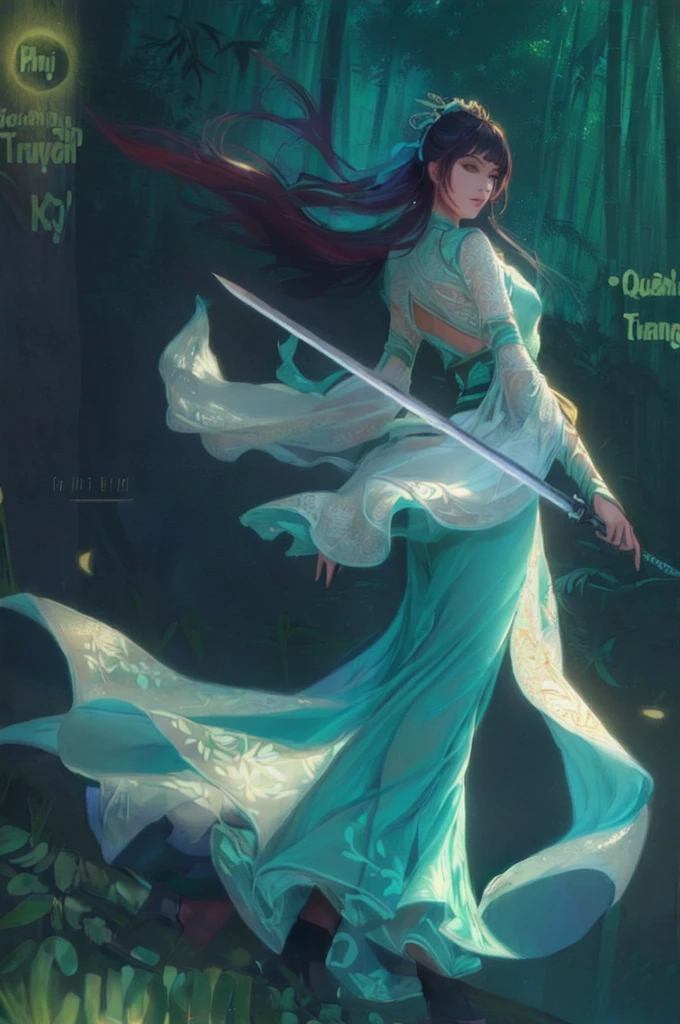 a girl, sword, beautyful. nice bamboo forest background, silk dress, sexy