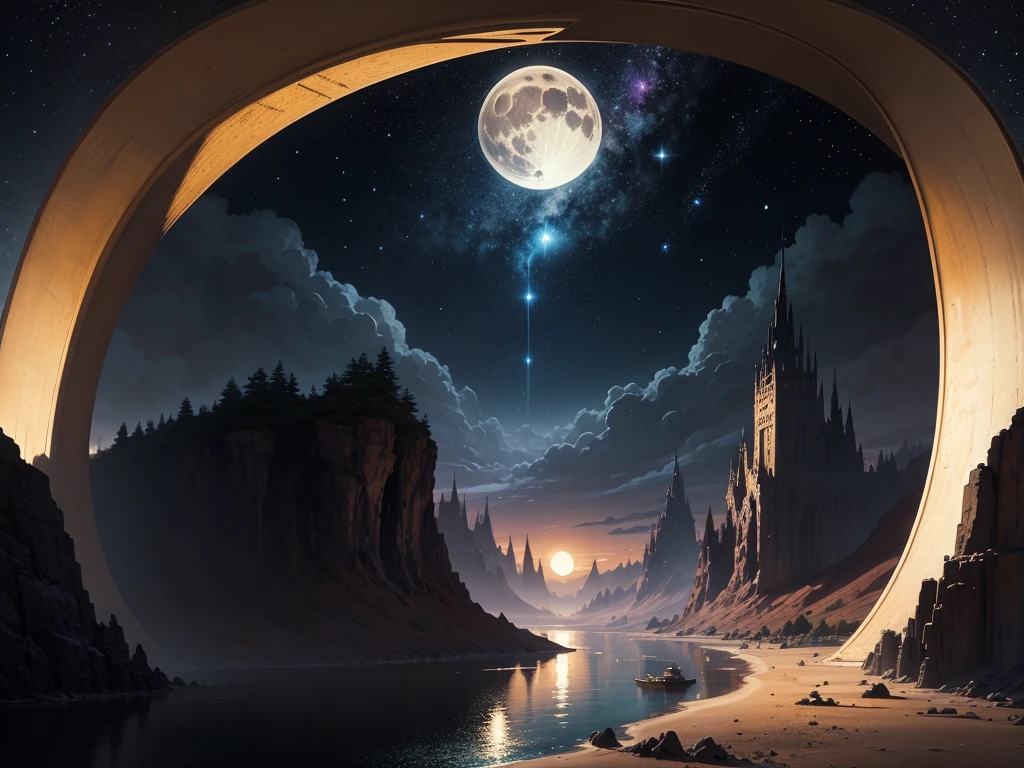 Painting of a river with stars and moon floating in the sky, Concept art inspired by Tosa Mitsuoki, pixiv Contest Winner, Highest quality, Fantasy art, Beautiful anime scene, Golden Moon. Bright Moon, Starry Sky environment under the moonlight, Dream painting, Anime Background art, Fantasy Landscape Painting, A dreamlike night, Anime Background, Background artwork, Dreamy Art, Atmospheric anime, Starry Sky, Detail enhancement.