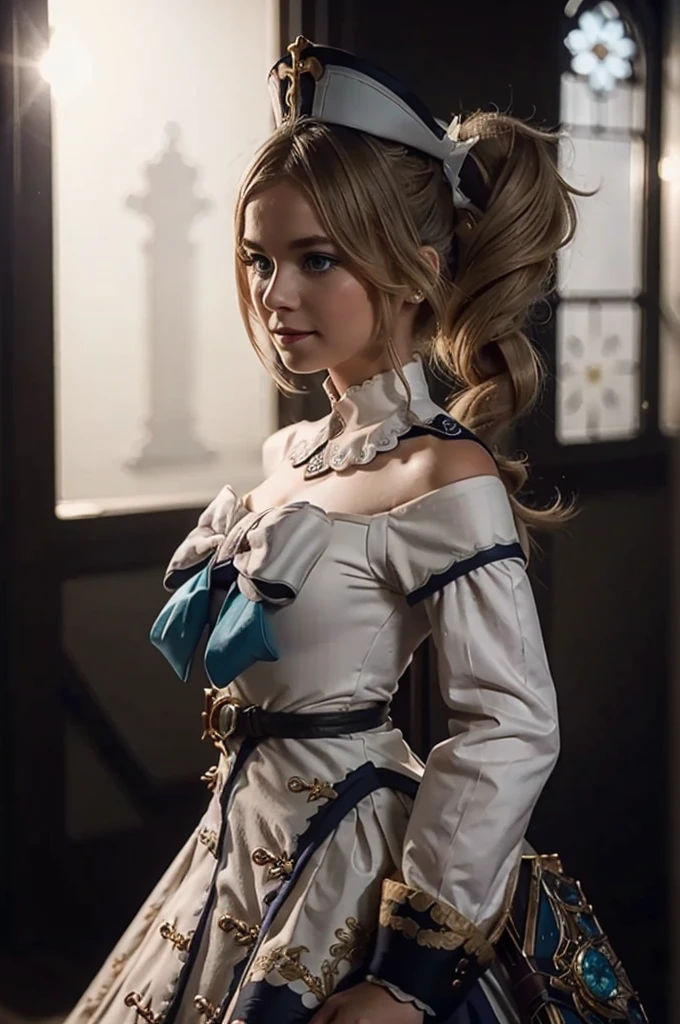 A young girl in realistic portrait of high quality and detail, movie style, Barbara (Genshin Impact), a young girl of petite build with blond hair gathered in two ponytails and blue eyes. She is dressed in a white off-the-shoulder dress decorated with gold embroidery and a dark blue petticoat with the same color lapels on the sleeves. The bodice of the dress is decorated with a sea-green bow. The outfit is complemented by white tights, white shoes with black lacing, blue ruffles and a black block heel and a separate collar. On her head she wears a white and blue cap with a gold cross, similar to a nurse's headdress. Barbara also carries a spell book with a blue cover, decorated with gold and a cross keychain. She attaches it to a black leather sling with a gold buckle. light and peaceful atmosphere, glow, eye shadow, 1girl, Depth & Perspective, smiling on her face, fine face, She stands in the middle of the church hall, indoors, sunlight from stained glass windows, looking at viewer, (ultra-high detail:1.2), Masterpiece, Best Quality, Ultra-detailed, Cinematic lighting, 8K, delicate features, cinematic, 35 mm lens, f/1.9, highlight lighting, global lighting –uplight –v 4, cinematic, Cinematic lighting, 8K, high quality, Highest Quality, (Solo Focus), (extremly intricate:1.3), (Realistic), masterful, Analog style, (Film grain:1.5), (warm hue, cold tone), 