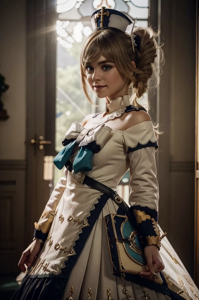 A young girl in realistic portrait of high quality and detail, movie style, Barbara (Genshin Impact), a young girl of petite build with blond hair gathered in two ponytails and blue eyes. She is dressed in a white off-the-shoulder dress decorated with gold embroidery and a dark blue petticoat with the same color lapels on the sleeves. The bodice of the dress is decorated with a sea-green bow. The outfit is complemented by white tights, white shoes with black lacing, blue ruffles and a black block heel and a separate collar. On her head she wears a white and blue cap with a gold cross, similar to a nurse's headdress. Barbara also carries a spell book with a blue cover, decorated with gold and a cross keychain. She attaches it to a black leather sling with a gold buckle. light and peaceful atmosphere, glow, eye shadow, 1girl, Depth & Perspective, smiling on her face, fine face, She stands in the middle of the church hall, indoors, sunlight from stained glass windows, looking at viewer, (ultra-high detail:1.2), Masterpiece, Best Quality, Ultra-detailed, Cinematic lighting, 8K, delicate features, cinematic, 35 mm lens, f/1.9, highlight lighting, global lighting –uplight –v 4, cinematic, Cinematic lighting, 8K, high quality, Highest Quality, (Solo Focus), (extremly intricate:1.3), (Realistic), masterful, Analog style, (Film grain:1.5), (warm hue, cold tone), 