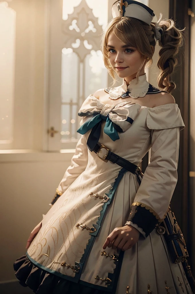 A young girl in realistic portrait of high quality and detail, movie style, Barbara (Genshin Impact), a young girl of ite build with blond hair gathered in two ponytails and blue eyes. She is dressed in a white off-the-shoulder dress decorated with gold embroidery and a dark blue petticoat with the same color lapels on the sleeves. The bodice of the dress is decorated with a sea-green bow. The outfit is complemented by white tights, white shoes with black lacing, blue ruffles and a black block heel and a separate collar. On her head she wears a white and blue cap with a gold cross, similar to a nurse's headdress. Barbara also carries a spell book with a blue cover, decorated with gold and a cross keychain. She attaches it to a black leather sling with a gold buckle. light and peaceful atmosphere, glow, eye shadow, 1girl, Depth & Perspective, smiling on her face, fine face, She stands in the middle of the church hall, indoors, sunlight from stained glass windows, looking at viewer, (ultra-high detail:1.2), Masterpiece, Best Quality, Ultra-detailed, Cinematic lighting, 8K, delicate features, cinematic, 35 mm lens, f/1.9, highlight lighting, global lighting –uplight –v 4, cinematic, Cinematic lighting, 8K, high quality, Highest Quality, (Solo Focus), (extremly intricate:1.3), (Realistic), masterful, Analog style, (Film grain:1.5), (warm hue, cold tone), 