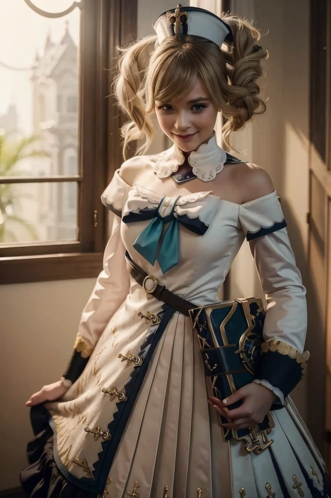 A young girl in realistic portrait of high quality and detail, movie style, Barbara (Genshin Impact), a young girl of petite build with blond hair gathered in two ponytails and blue eyes. She is dressed in a white off-the-shoulder dress decorated with gold embroidery and a dark blue petticoat with the same color lapels on the sleeves. The bodice of the dress is decorated with a sea-green bow. The outfit is complemented by white tights, white shoes with black lacing, blue ruffles and a black block heel and a separate collar. On her head she wears a white and blue cap with a gold cross, similar to a nurse's headdress. Barbara also carries a spell book with a blue cover, decorated with gold and a cross keychain. She attaches it to a black leather sling with a gold buckle. light and peaceful atmosphere, glow, eye shadow, 1girl, Depth & Perspective, smiling on her face, fine face, She stands in the middle of the church hall, indoors, sunlight from stained glass windows, looking at viewer, (ultra-high detail:1.2), Masterpiece, Best Quality, Ultra-detailed, Cinematic lighting, 8K, delicate features, cinematic, 35 mm lens, f/1.9, highlight lighting, global lighting –uplight –v 4, cinematic, Cinematic lighting, 8K, high quality, Highest Quality, (Solo Focus), (extremly intricate:1.3), (Realistic), masterful, Analog style, (Film grain:1.5), (warm hue, cold tone), 