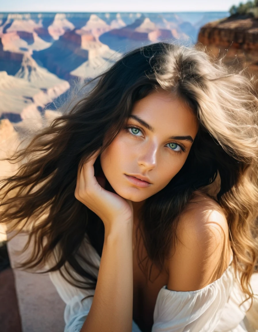 Dame brésilienne d'énudée de 20 ans au soleil dans le Grand Canyon, assis sur un banc, Anneau, Photo brute, Beaux yeux, (mains dans les cheveux), photo grand plan, détails colorés, primé, Très détaillé, 8k, Lumière naturelle du soleil, glitteAnneau black left hands touching her hair, yeux mélangés verts et bleus, Cheveux dorés