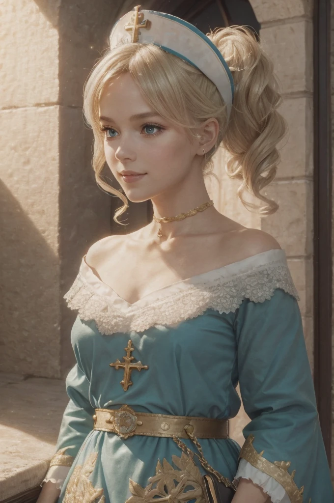 A young girl in realistic portrait of high quality and detail, movie style, Barbara (Genshin Impact), a young girl of petite build with ash-blond hair gathered in two ponytails and blue eyes. She is dressed in a white off-the-shoulder dress decorated with gold embroidery and a dark blue petticoat with the same color lapels on the sleeves. The bodice of the dress is decorated with a sea-green bow. The outfit is complemented by white tights, white shoes with black lacing, blue ruffles and a black block heel and a separate collar. On her head she wears a white and blue cap with a gold cross, similar to a nurse's headdress. Barbara also carries a spell book with a blue cover, decorated with gold and a cross keychain. She attaches it to a black leather sling with a gold buckle. light and peaceful atmosphere, glow, eye shadow, 1girl, fantasy, Depth & Perspective, smiling on her face, Mystical powers, fine face, She stands in the middle of the church hall, indoors, sunlight from stained glass windows, looking at viewer, (ultra-high detail:1.2), Masterpiece, Best Quality, Ultra-detailed, Cinematic lighting, 8K, delicate features, cinematic, 35 mm lens, f/1.9, highlight lighting, global lighting –uplight –v 4, cinematic, Cinematic lighting, 8K, high quality, Highest Quality, (Solo Focus), (extremly intricate:1.3), (Realistic), masterful, Analog style, (Film grain:1.5), (warm hue, cold tone), 