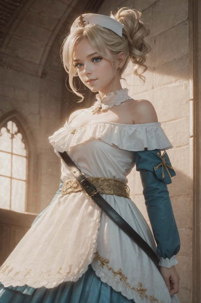 A young girl in realistic portrait of high quality and detail, movie style, Barbara (Genshin Impact), a young girl of petite build with ash-blond hair gathered in two ponytails and blue eyes. She is dressed in a white off-the-shoulder dress decorated with gold embroidery and a dark blue petticoat with the same color lapels on the sleeves. The bodice of the dress is decorated with a sea-green bow. The outfit is complemented by white tights, white shoes with black lacing, blue ruffles and a black block heel and a separate collar. On her head she wears a white and blue cap with a gold cross, similar to a nurse's headdress. Barbara also carries a spell book with a blue cover, decorated with gold and a cross keychain. She attaches it to a black leather sling with a gold buckle. light and peaceful atmosphere, glow, eye shadow, 1girl, fantasy, Depth & Perspective, smiling on her face, Mystical powers, fine face, She stands in the middle of the church hall, indoors, sunlight from stained glass windows, looking at viewer, (ultra-high detail:1.2), Masterpiece, Best Quality, Ultra-detailed, Cinematic lighting, 8K, delicate features, cinematic, 35 mm lens, f/1.9, highlight lighting, global lighting –uplight –v 4, cinematic, Cinematic lighting, 8K, high quality, Highest Quality, (Solo Focus), (extremly intricate:1.3), (Realistic), masterful, Analog style, (Film grain:1.5), (warm hue, cold tone), 