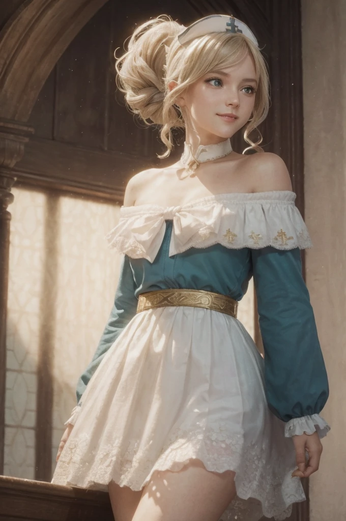 A young girl in realistic portrait of high quality and detail, movie style, Barbara (Genshin Impact), a young girl of petite build with ash-blond hair gathered in two ponytails and blue eyes. She is dressed in a white off-the-shoulder dress decorated with gold embroidery and a dark blue petticoat with the same color lapels on the sleeves. The bodice of the dress is decorated with a sea-green bow. The outfit is complemented by white tights, white shoes with black lacing, blue ruffles and a black block heel and a separate collar. On her head she wears a white and blue cap with a gold cross, similar to a nurse's headdress. Barbara also carries a spell book with a blue cover, decorated with gold and a cross keychain. She attaches it to a black leather sling with a gold buckle. light and peaceful atmosphere, glow, eye shadow, 1girl, fantasy, Depth & Perspective, smiling on her face, Mystical powers, fine face, She stands in the middle of the church hall, indoors, sunlight from stained glass windows, looking at viewer, (ultra-high detail:1.2), Masterpiece, Best Quality, Ultra-detailed, Cinematic lighting, 8K, delicate features, cinematic, 35 mm lens, f/1.9, highlight lighting, global lighting –uplight –v 4, cinematic, Cinematic lighting, 8K, high quality, Highest Quality, (Solo Focus), (extremly intricate:1.3), (Realistic), masterful, Analog style, (Film grain:1.5), (warm hue, cold tone), 