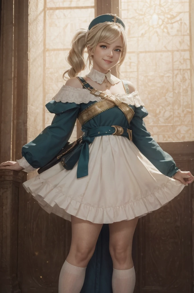 A young girl in realistic portrait of high quality and detail, movie style, Barbara (Genshin Impact), a young girl of petite build with ash-blond hair gathered in two ponytails and blue eyes. She is dressed in a white off-the-shoulder dress decorated with gold embroidery and a dark blue petticoat with the same color lapels on the sleeves. The bodice of the dress is decorated with a sea-green bow. The outfit is complemented by white tights, white shoes with black lacing, blue ruffles and a black block heel and a separate collar. On her head she wears a white and blue cap with a gold cross, similar to a nurse's headdress. Barbara also carries a spell book with a blue cover, decorated with gold and a cross keychain. She attaches it to a black leather sling with a gold buckle. light and peaceful atmosphere, glow, eye shadow, 1girl, fantasy, Depth & Perspective, smiling on her face, Mystical powers, fine face, She stands in the middle of the church hall, indoors, sunlight from stained glass windows, looking at viewer, (ultra-high detail:1.2), Masterpiece, Best Quality, Ultra-detailed, Cinematic lighting, 8K, delicate features, cinematic, 35 mm lens, f/1.9, highlight lighting, global lighting –uplight –v 4, cinematic, Cinematic lighting, 8K, high quality, Highest Quality, (Solo Focus), (extremly intricate:1.3), (Realistic), masterful, Analog style, (Film grain:1.5), (warm hue, cold tone), 