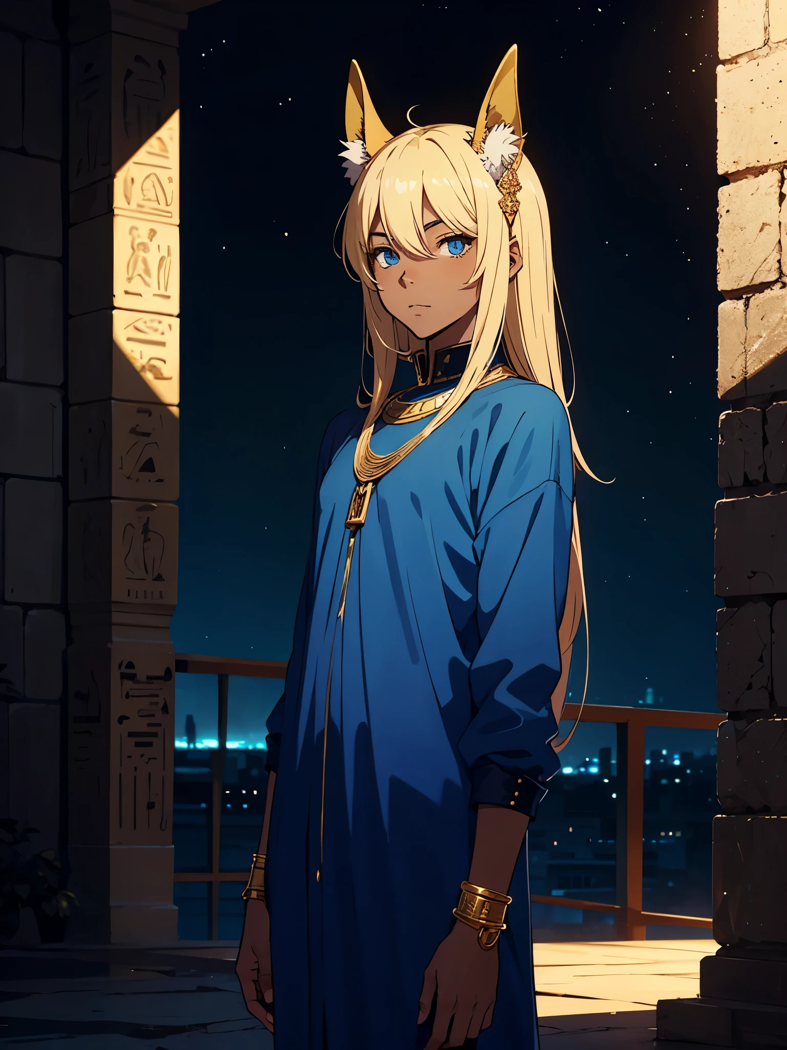 More anime style. cutie pie. アニメ! Teenage boy. Egyptian deity Anubis. Egyptian blue clothing. Blue clothes.  long blond hair. Lots of gold jewelry. dark skin. Egyptian. dazzling blue eyes. mystical. divine.