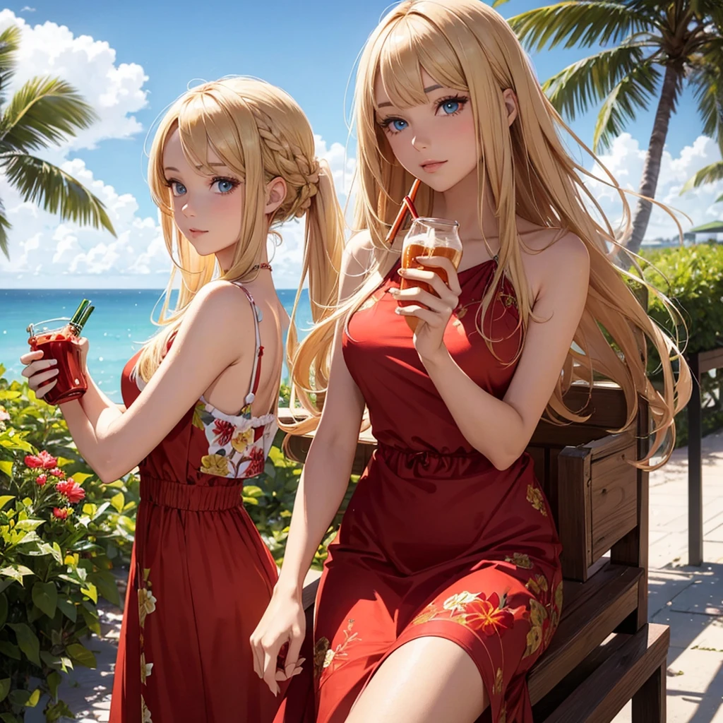 Beautiful woman with blonde hair in summer dress, drinks cola