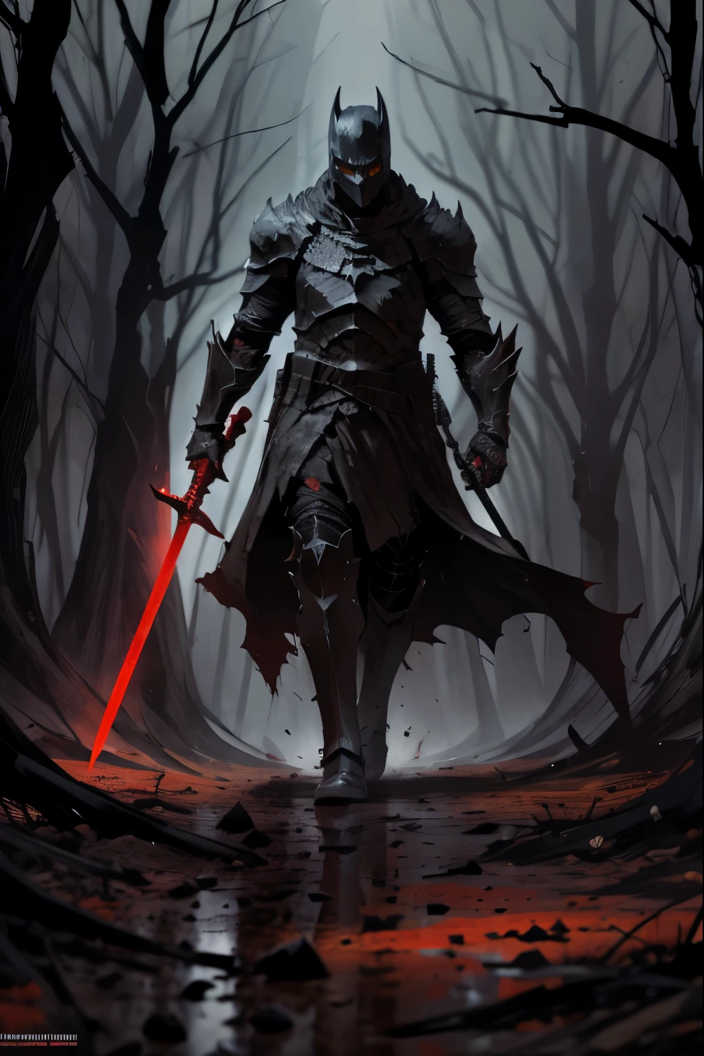 a dark knight, wearing a dark armor ,bright to red eyes , with a serious look , holding a dirty sword tilted downwards ,walking on a muddy dirt road in a forest , in a dark and sordid environment