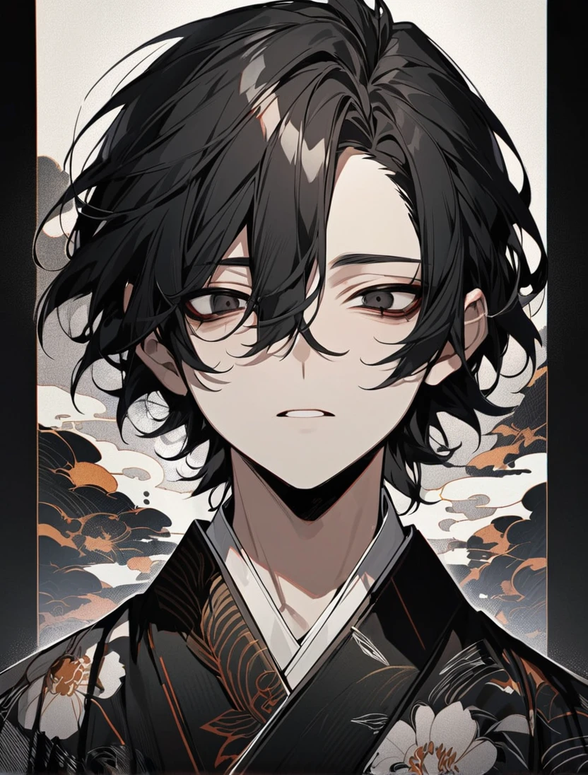 (black_hair), (long_male_hair), (deep_black_eyes), (high_detailed_eyes), (attractive), (emotionless), (male), (wearing _a_Unique_kimono), (detailed_Hair), (detailed), (detailed_mouth), (young_appearance), (dark_under_eyes)