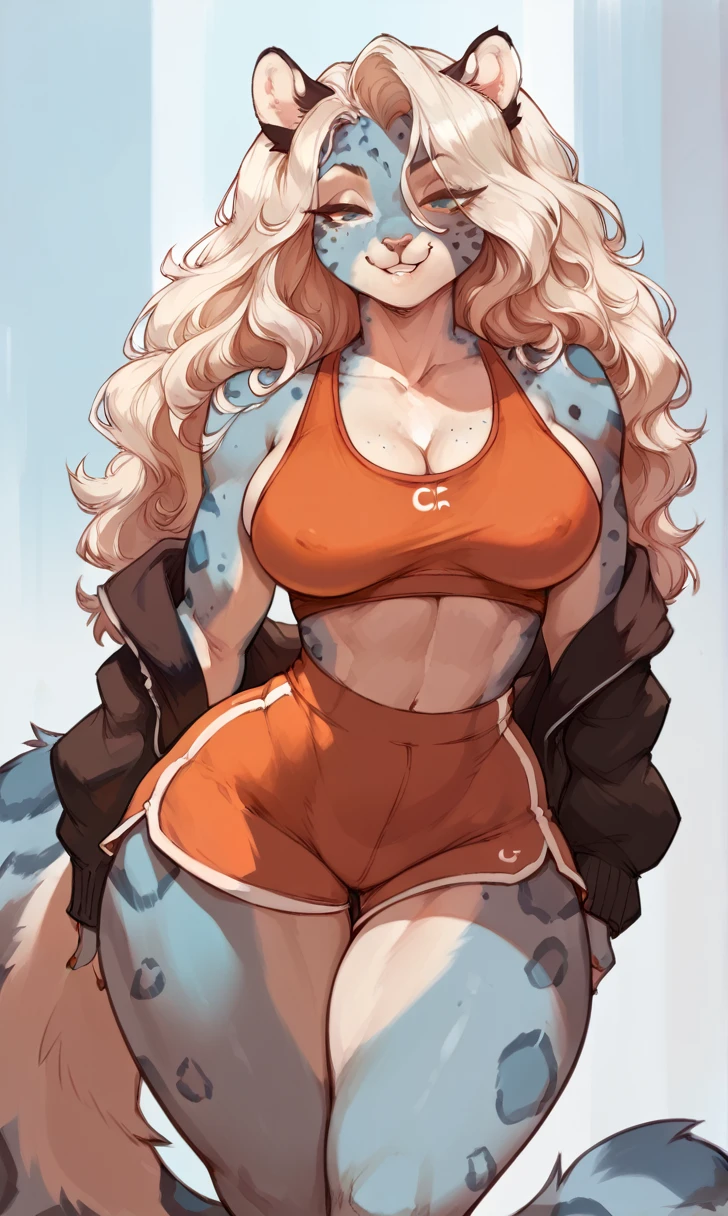 female anthro Snow leopard,Brown long fluffy hair, fluffy hair, squirrel ears, Snow leopard, , attractive, sports bra, tight shorts, thicc body, thicc, freckles, freckles on face, neutral expression, smug eyes, she is standing (thick thighs:1.5)