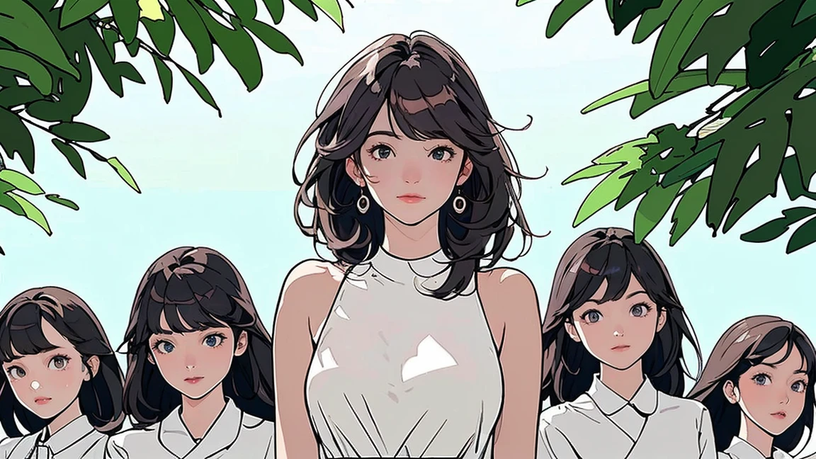 Affordable design, Clear lines, High Sharpness, (Highest quality,8K,Perfect sharpness,Ultra-fine,High resolution,masterpiece:1.2), Perfect Anatomy:1.5, Official Art, Illustrations that tell a story, (Whitish background:0. 9）、Body Positivity、Diverse physical expressions、(Random and strange poses)）、Perfect beauty、Perfect beautiful face、(非常にStrong winds)、Rich expressiveness、Dynamic configuration、Golden ratio composition、colorful、（(color々Different angles and perspectives)）、Anime Drawings、（(Overcoming stereotypes)）、 Glowing Skin、（natureの美）、bangs、Straight Long Hair、（Soft and flowing hair）、（(Playful and easygoing)）、（diverse characters）、（(Graceful posture)）、（Sunny atmosphere）、（vivid color）、Shorts、Brown Hair、A light smile、 ((Emotional))、bangs、natureな反応、Summer clothing、(Braided hair)、Show off your thighs、Strong winds、hilarious pose、Outdoor、nature、Fresh greenery