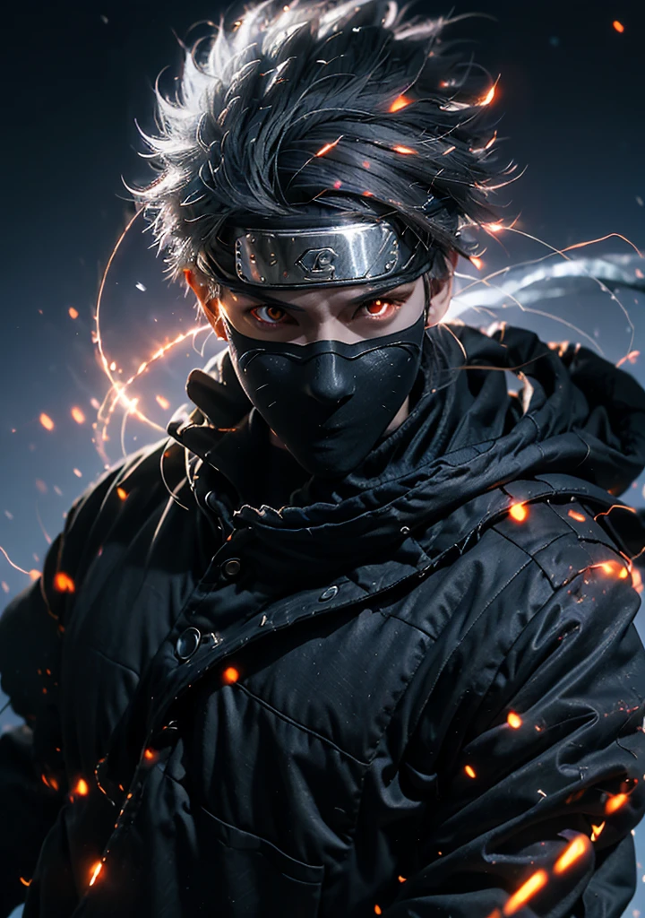 (dramatic, Grainy, intense:1.4),masterpiece, Highest quality, 8K, 非常識なdetailed, Intricate details, hyperdetailed, super high quality, High detail, ultra detailed, masterpiece,Upper Body, close,(Imide Shot,Macro photography:1.25),(Red eyes:1.5),(Gray Hair:1.2),1 adult man, 
kakashi hatake from naruto, Holographic Reality, Holographic Halo, Motion Blur, Game light effect, Rim Light, Soft Light, movie Rim Light, Delicate Light, Cyberpunk Style, Studio Lighting,Artistic Rendering Style,Bright colors, Full Body Shot, 3D Artist, detailed, Futuristic, lightning,Real,
