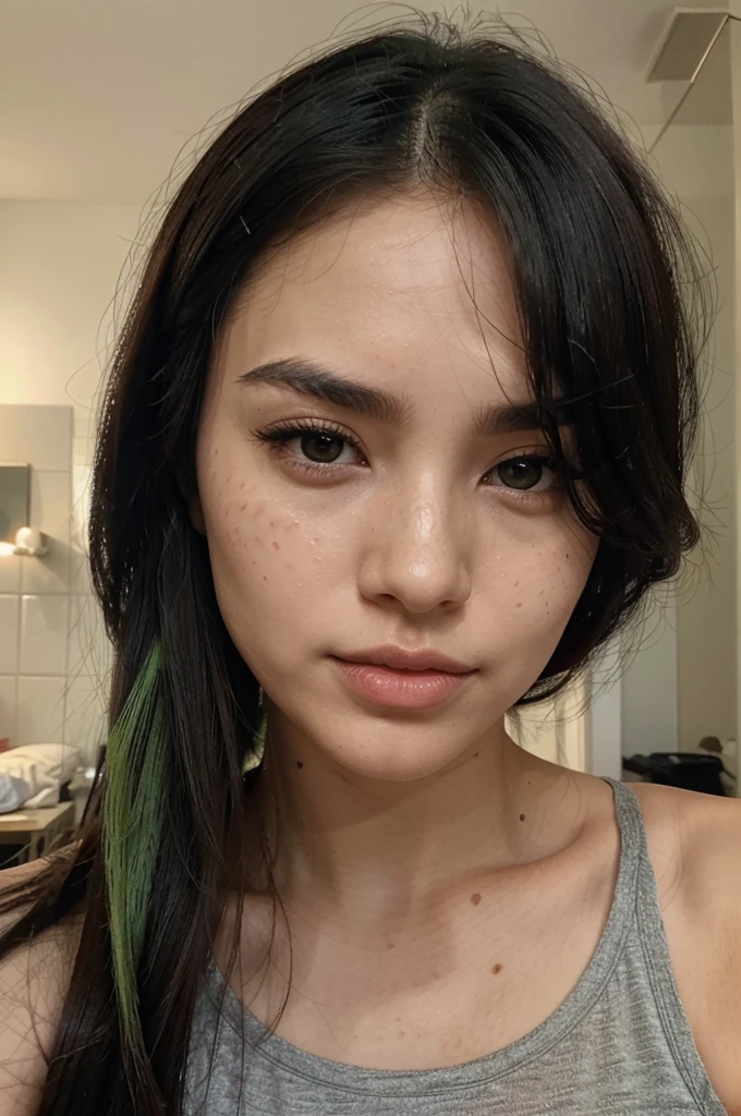 She has an oval face with high cheekbones, a defined jawline is Asian, japanese. His eyes are large and almond, black in color, with long eyelashes and thick, arched eyebrows, with a small scratch on his right eyebrow. His nose is small and straight, and she has full, wide lips. His hair is black with a green streak on the left side., short and smooth, usually worn loose with a fringe that partially covers the forehead. Her skin is fair with lots of freckles on her nose and rosy cheeks.. CROPPED SELFIE FROM TOP DOWN HOLDING PHONE