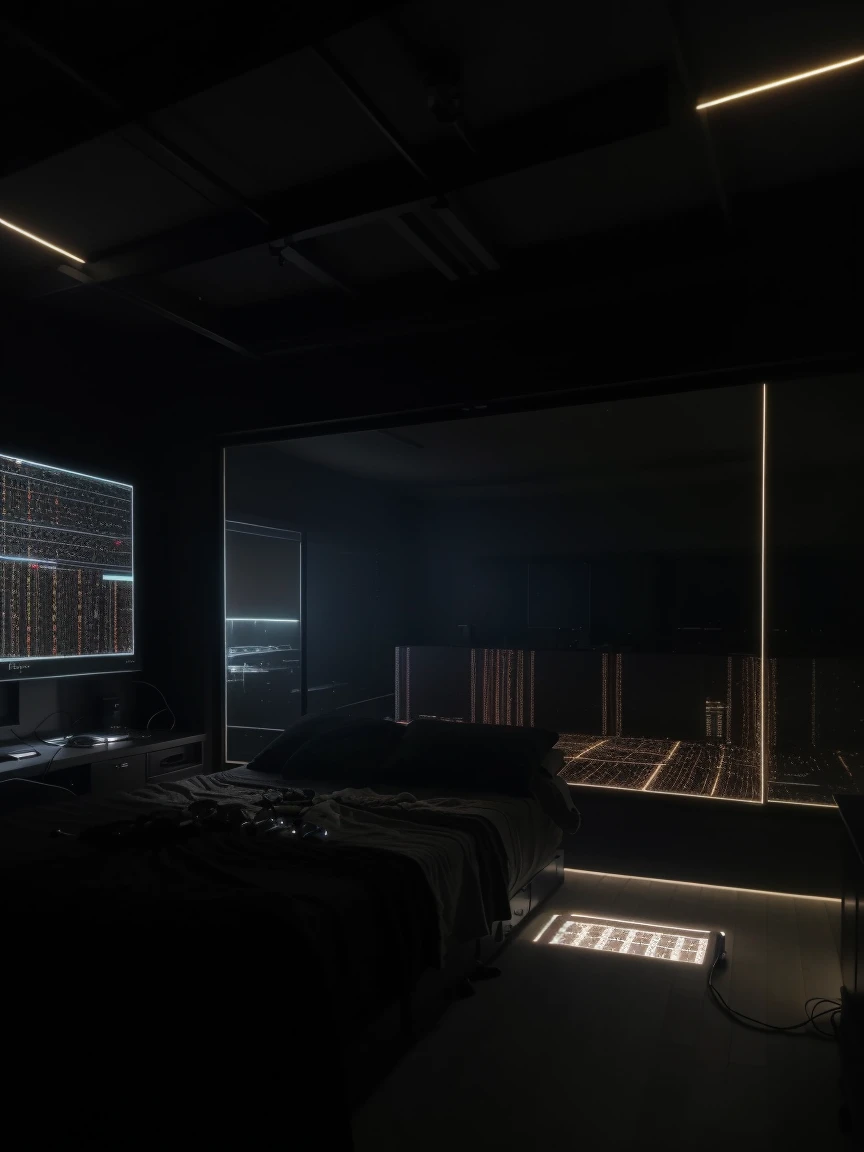 a hacker room that has a large server center with cables and lights, a very robust dedicated server with a lot of technology, dark bedroom, low lighting, ultra realistic detail 8k (3 LARGE MONITORS) details on server cables and technology