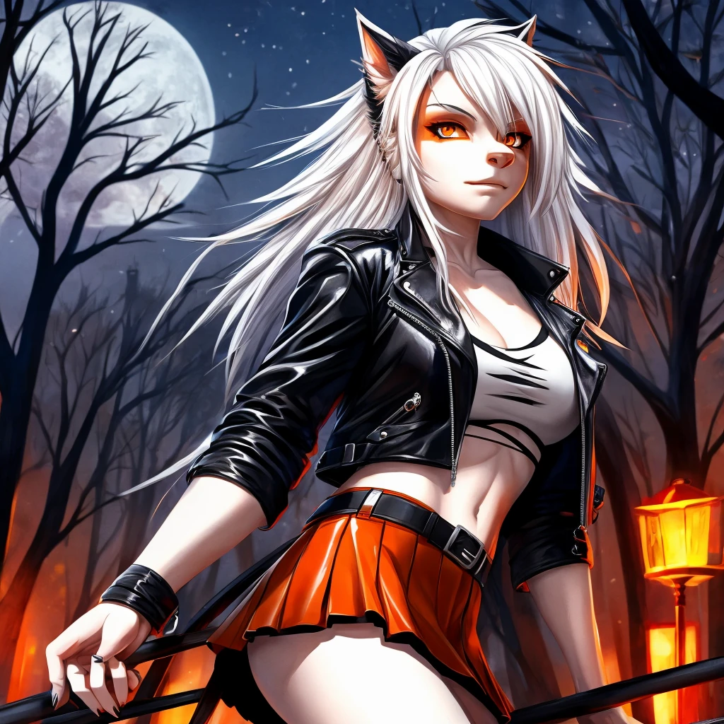 werewolf female, fur color white, white hair, orange eyes, wearing a top color white, wearing a leather jacket color black open, wearing a miniskirt color black.