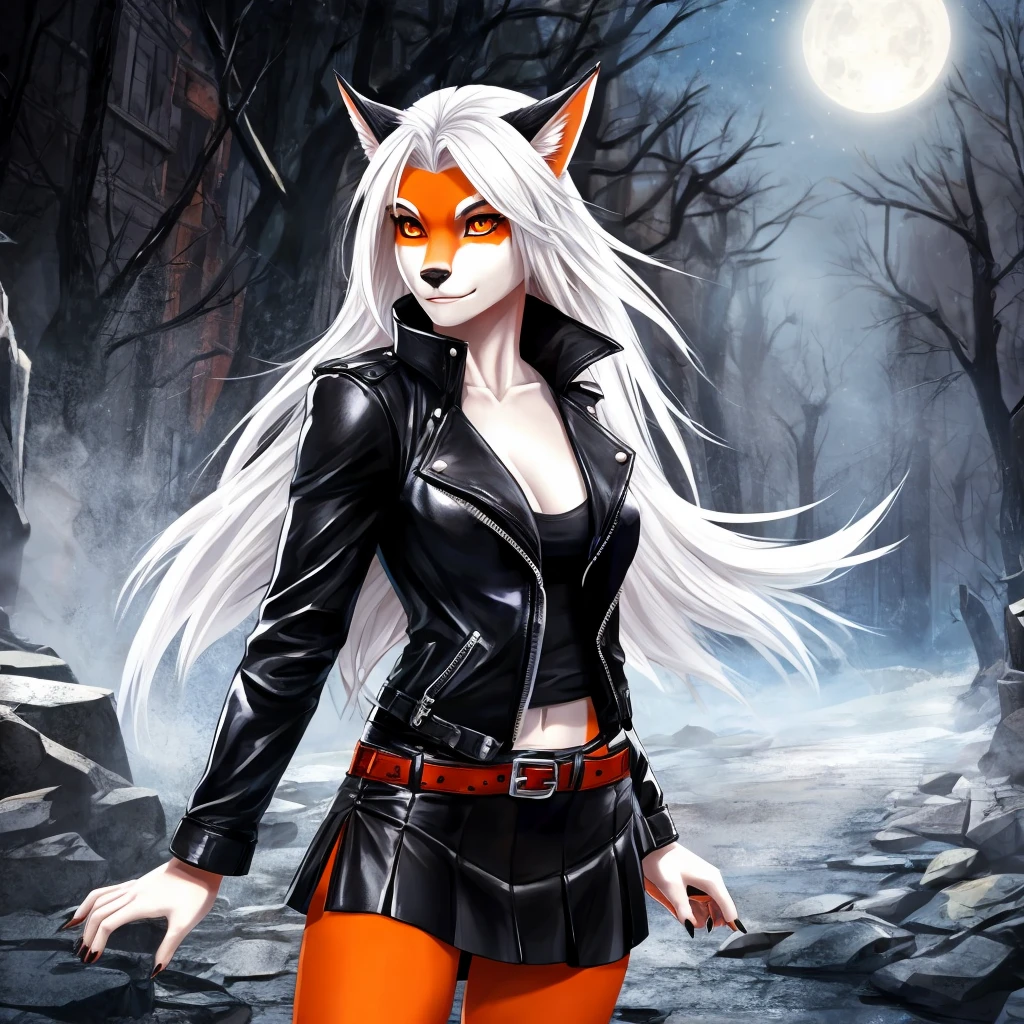 Loona from Helluva Boss, female wolf, anthro, two toned body, white hair, blue eyes, tall, muscular, mommy, furred body, military outfit, bloody mouth and face, forest, night, dark lighting, omnious, detailed, solo, beautiful, high quality, 4K