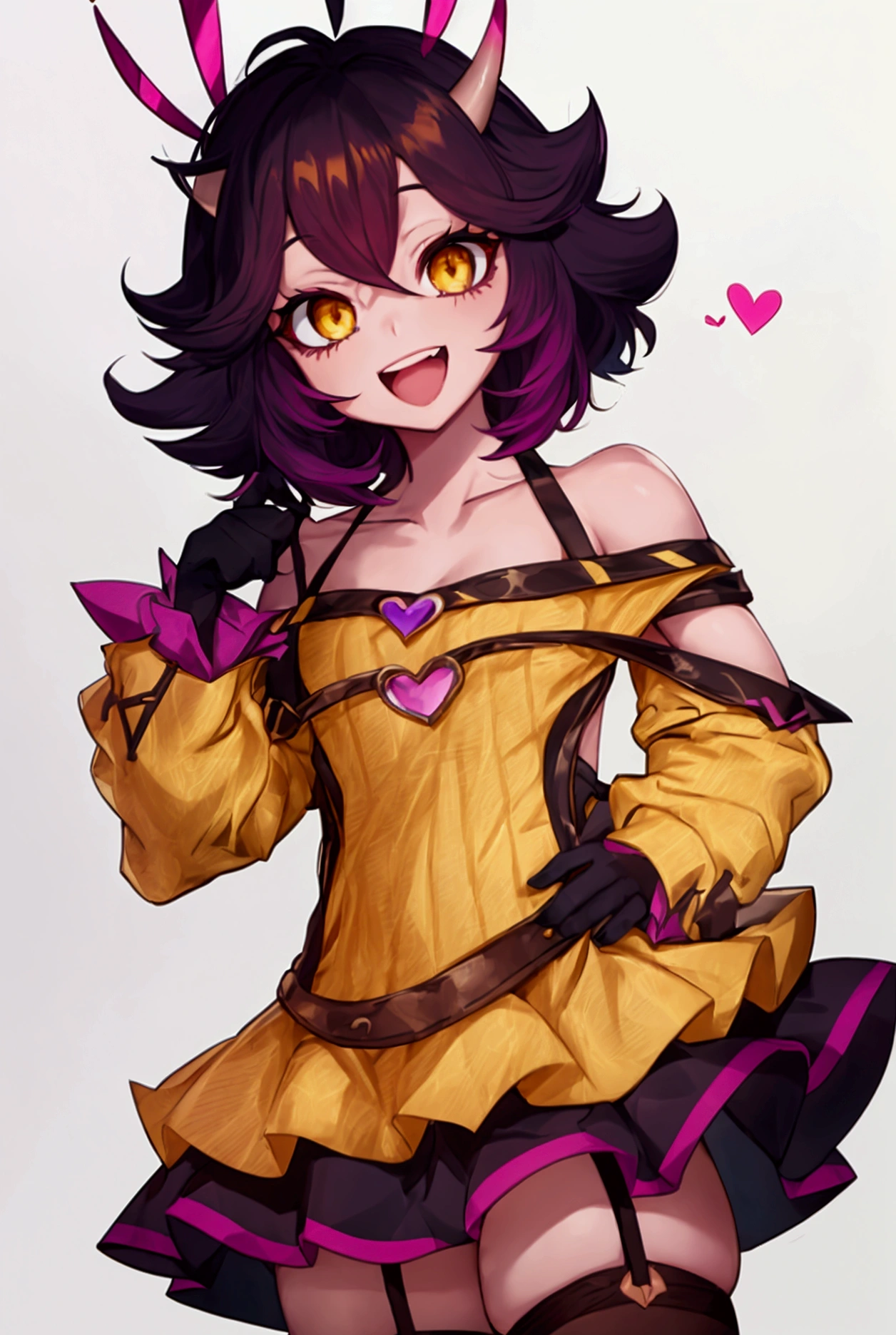 mina ashido, 1girl, solo, looking at viewer, smile, short hair, open mouth, simple background, long sleeves, white background, bare shoulders, collarbone, yellow eyes, pink hair, :d, heart, cowboy shot, horns, shorts, off shoulder, sweater, hand on hip, v, colored skin, black shorts, colored sclera, black sclera, off-shoulder sweater, pink skin, v over eye, purple sweater