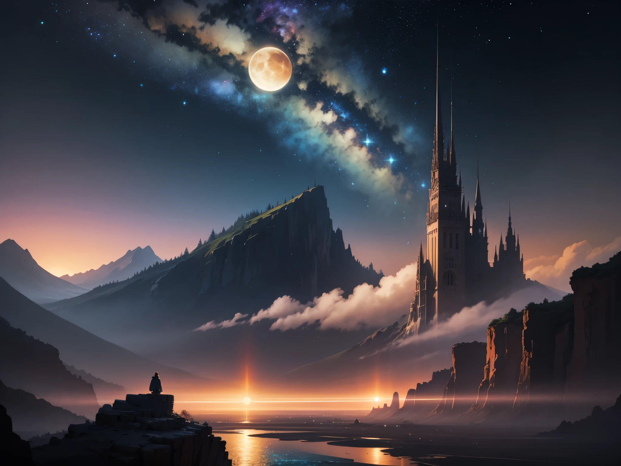 Painting of a river with stars and moon floating in the sky, Concept art inspired by Tosa Mitsuoki, pixiv Contest Winner, Highest quality, Fantasy art, Beautiful anime scene, Golden Moon. Bright Moon, Starry Sky environment under the moonlight, Dream painting, Anime Background art, Fantasy Landscape Painting, A dreamlike night, Anime Background, Background artwork, Dreamy Art, Atmospheric anime, Starry Sky, Detail enhancement.