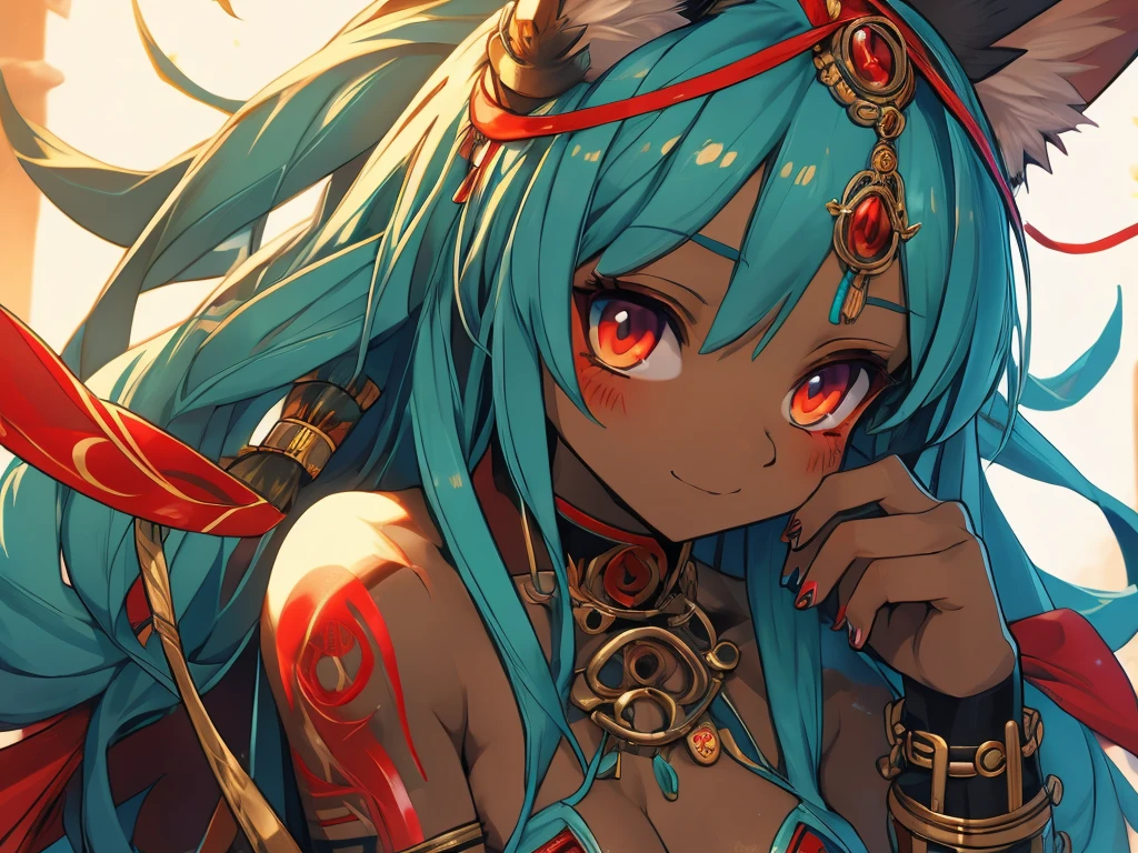 Miku Hatsune,Arabic, tanned skin, High Definition, kitsune ears, tribal tattoo, gorgerous girl, Small breasts add_detail, magician girl add_detail 