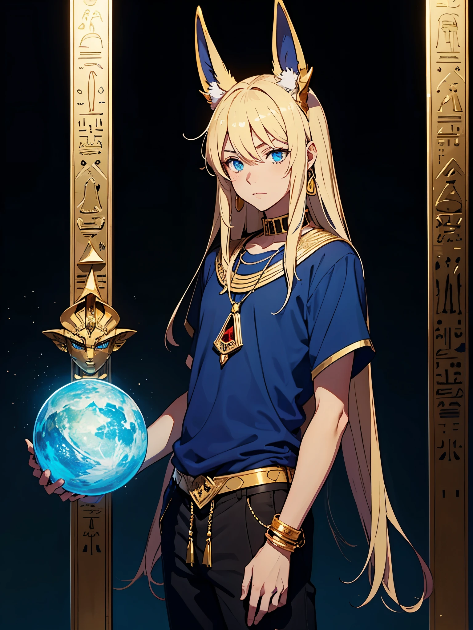 More anime style. cutie pie. アニメ! Teenage boy. Egyptian deity Anubis. Egyptian blue clothing. Blue clothes.  long blond hair. Lots of gold jewelry. dark skin. Egyptian. dazzling blue eyes. mystical. divine.