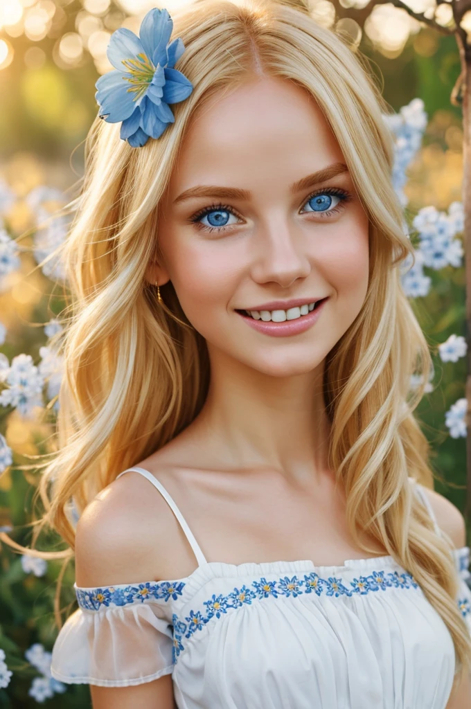A realistic image of a girl with golden hair and white skin and blue eyes and thin lips painted semi orange. Thin and dressed in a short white dress with blue flowers and puffed sleeves.. Your smiling face.