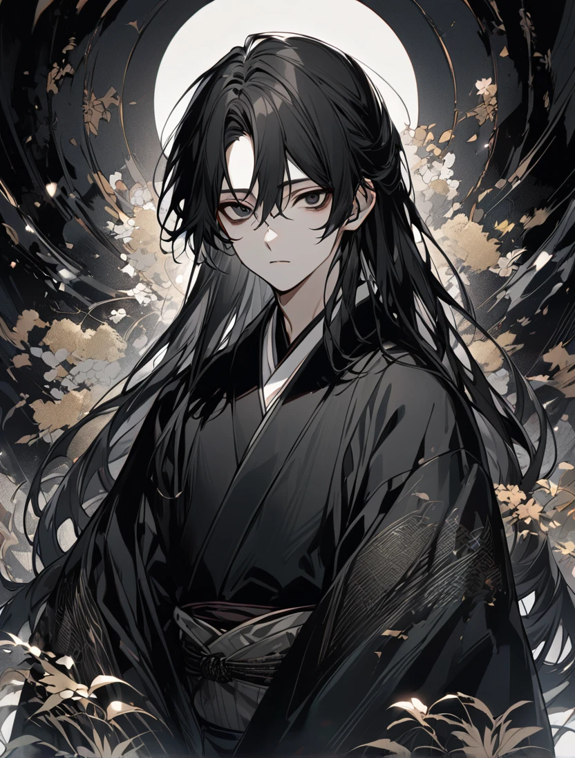 (black_hair), (long_hair), (deep_black_eyes), (high_detailed_eyes), (attractive), (emotionless), (male), (wearing _a_Unique_kimono), (detailed_Hair), (detailed), (detailed_mouth), (young_appearance), (dark_under_eyes)