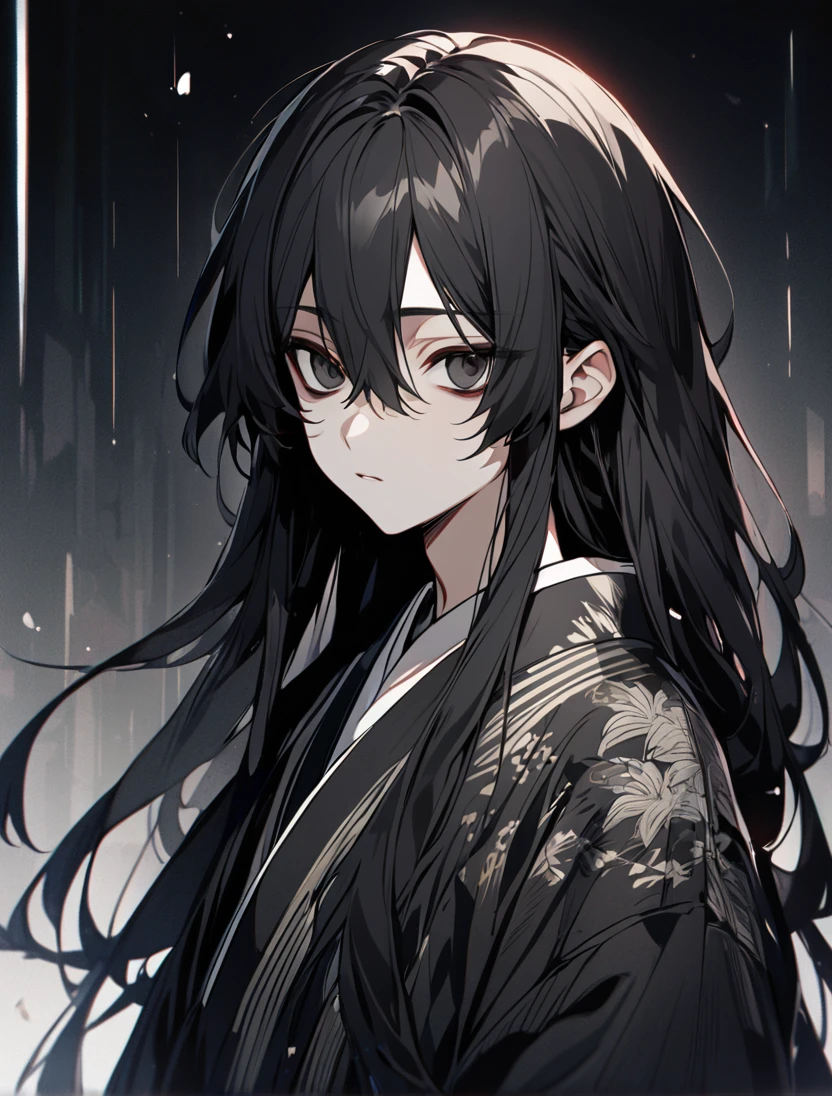(black_hair), (long_hair), (deep_black_eyes), (high_detailed_eyes), (attractive), (emotionless), (male), (wearing _a_Unique_kimono), (detailed_Hair), (detailed), (detailed_mouth), (young_appearance), (dark_under_eyes)