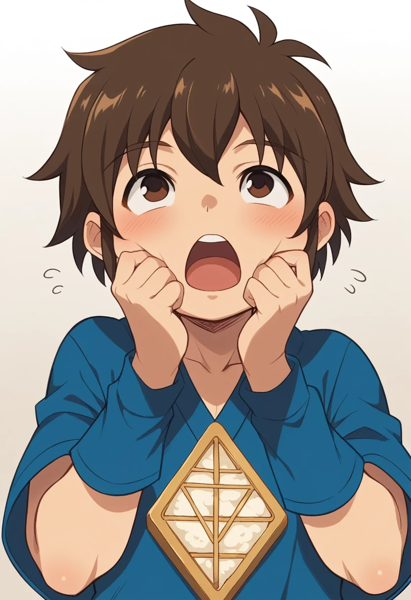 Best image quality、girl with rice balls in both hands、Plump Cheeks、(口の周りのrice粒)、Beige Parka、ショートカットのBrown Hair、Open your mouth wide、happiness、Eat rice balls、Triangle、rice、anime, One boy, Handa Shinichi, Brown Hair, Brown eyes, stop temporarily,Composition looking up from below、please sit down