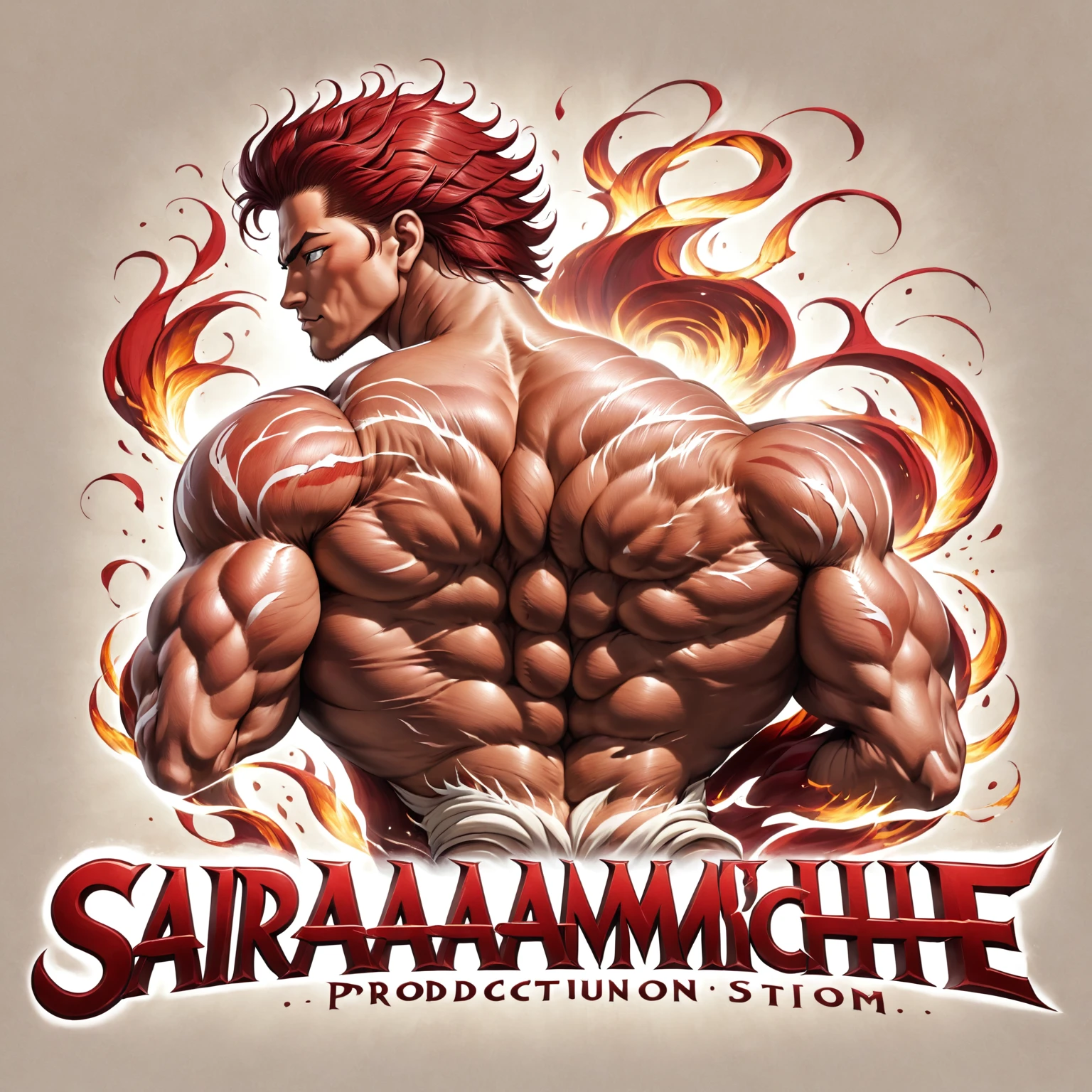 ("Saramambiche productions" text logo:1.5), YujiroHanma, 1boy, male focus, solo, shirtless, muscular male, red hair, manly, veins, upper body, back, graphic illustration, comic art, graphic novel art, vibrant, highly detailed, simple background