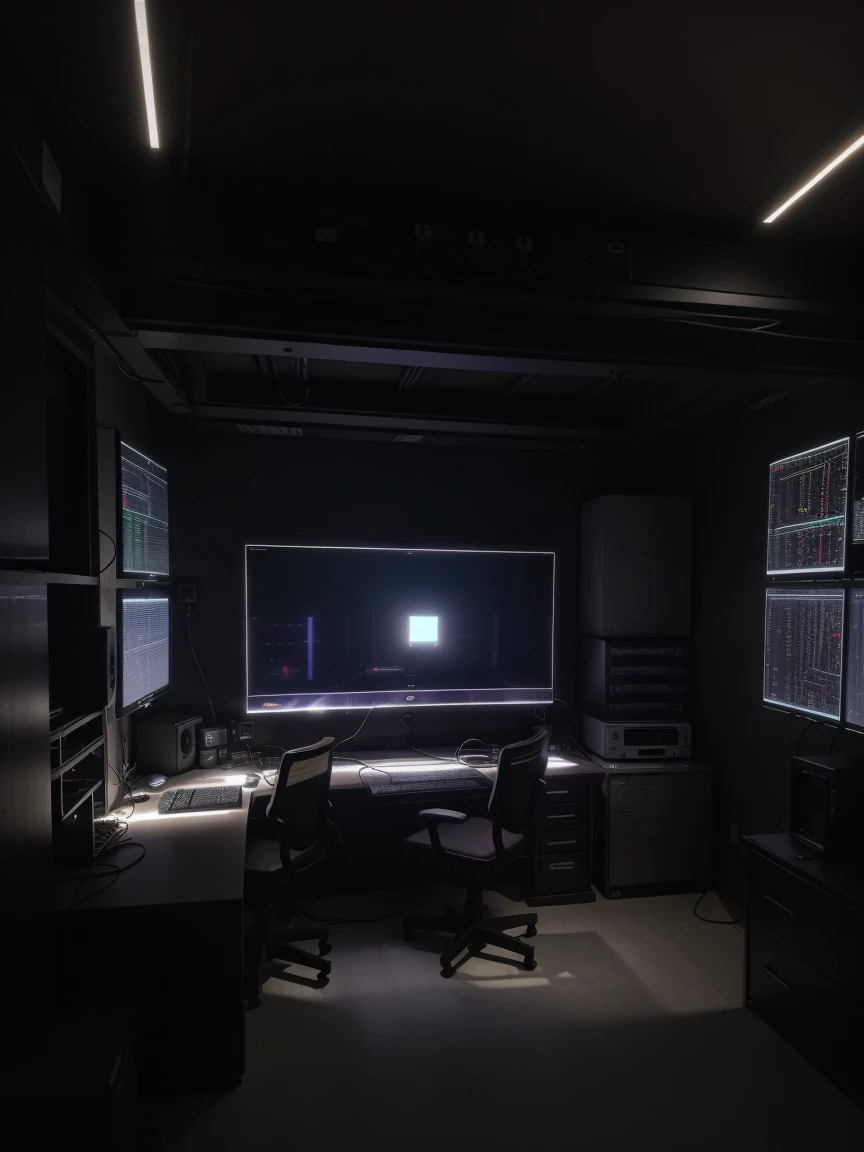 a hacker room that has a large server center with cables and lights, a very robust dedicated server with a lot of technology, dark bedroom, low lighting, ultra realistic detail 8k (3 LARGE MONITORS) details on server cables and technology 
