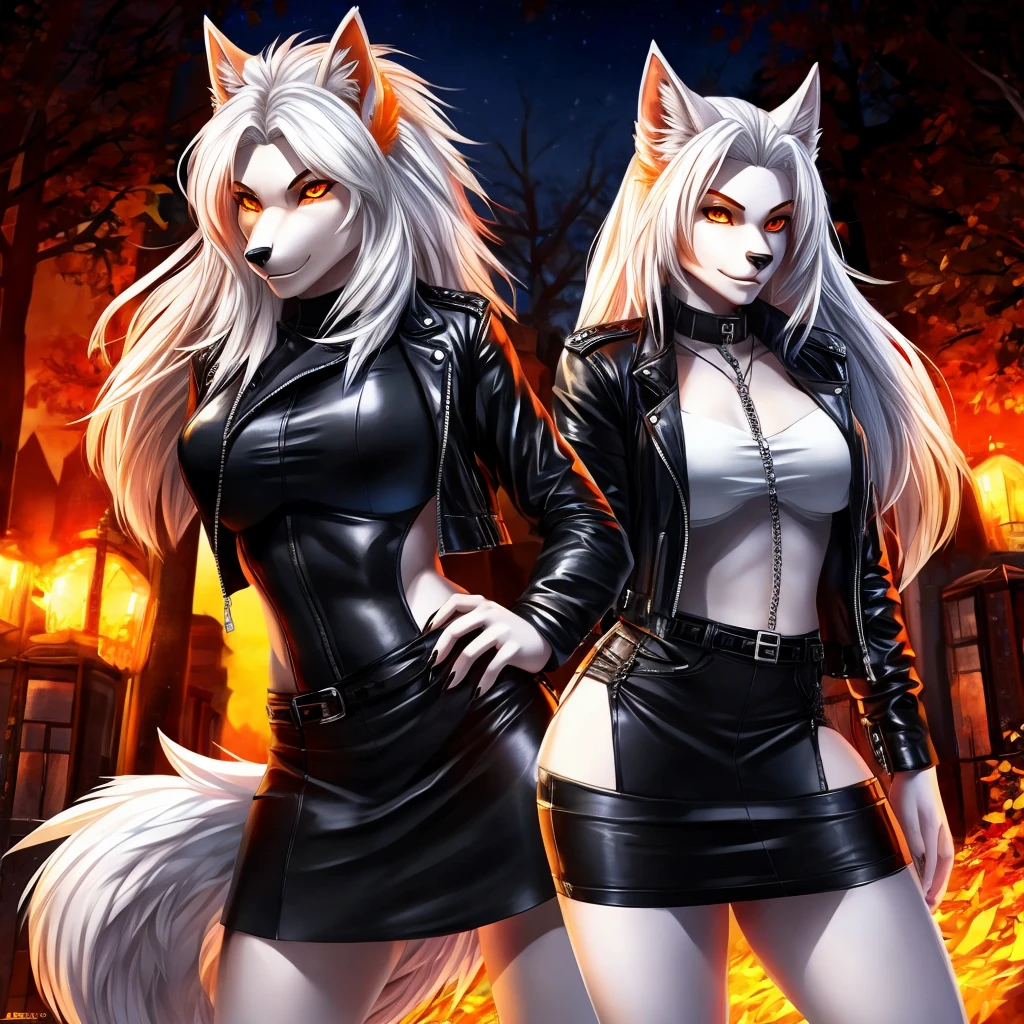 werewolf female, fur color white, white hair, orange eyes, wearing a top color white, wearing a leather jacket color black open, wearing a miniskirt color black, curvy body.