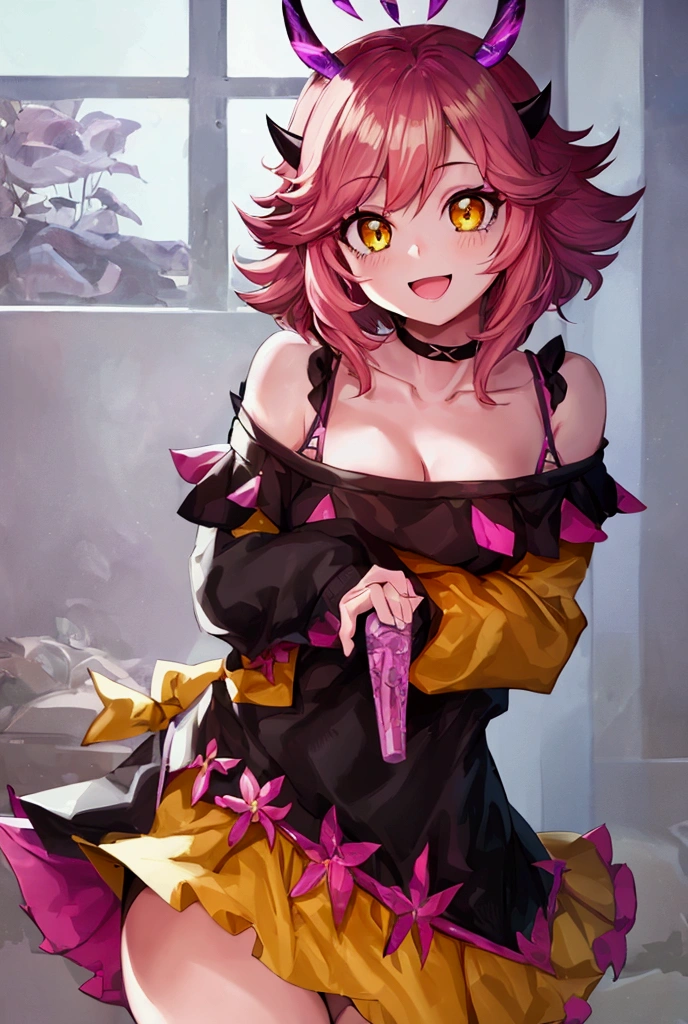 mina ashido, 1girl, solo, looking at viewer, smile, short hair, open mouth, simple background, long sleeves, white background, bare shoulders, collarbone, yellow eyes, pink hair, :d, heart, cowboy shot, horns, shorts, off shoulder, sweater, hand on hip, v, colored skin, black shorts, colored sclera, black sclera, off-shoulder sweater, pink skin, v over eye, purple sweater