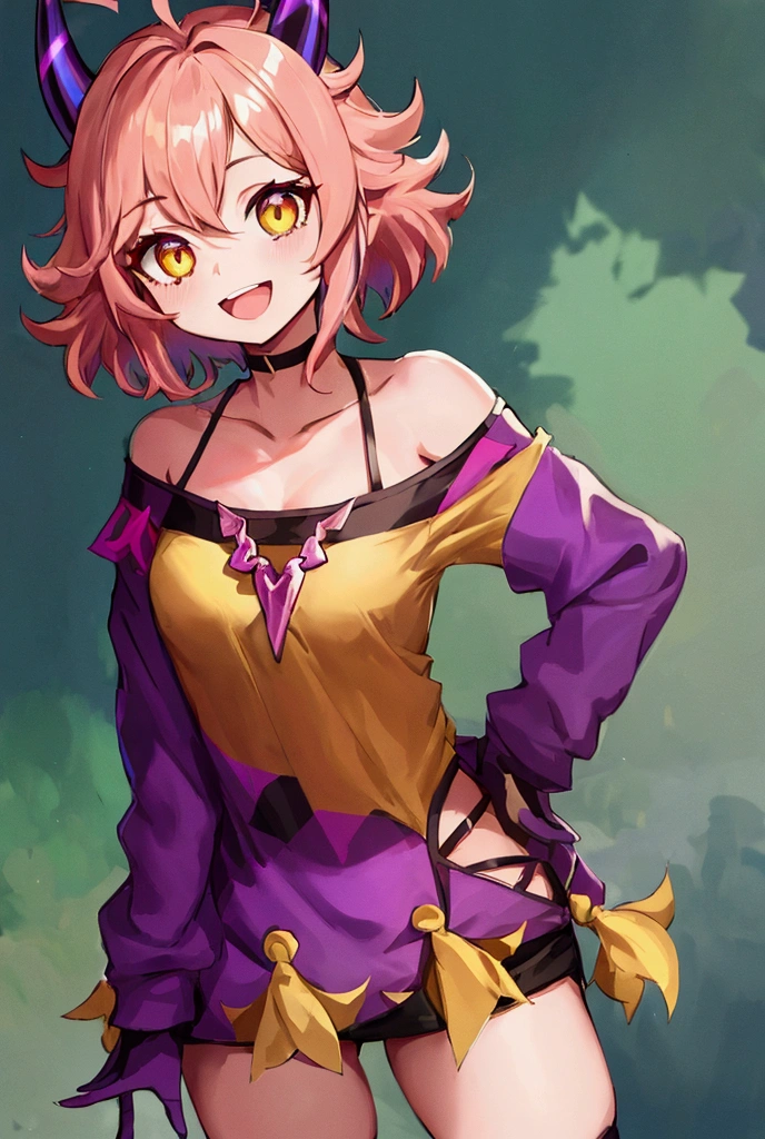 mina ashido, 1girl, solo, looking at viewer, smile, short hair, open mouth, simple background, long sleeves, white background, bare shoulders, collarbone, yellow eyes, pink hair, :d, heart, cowboy shot, horns, shorts, off shoulder, sweater, hand on hip, v, colored skin, black shorts, colored sclera, black sclera, off-shoulder sweater, pink skin, v over eye, purple sweater