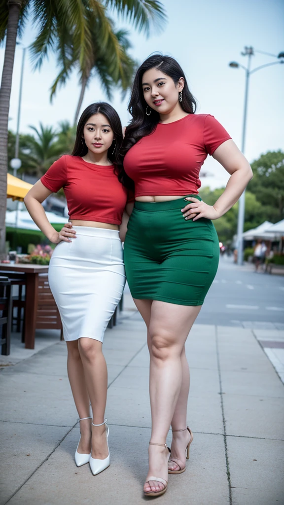 Four twin sisters,Fat woman ((best quality)), ((masterpiece)), (detailed), Oval face, Wearing a green sports T-shirt and skirt, The other wore a red loose shirt and shorts, Thin waist and thick hips, Soft curves, hyperPractical full figure, Wearing a cute top, Long legs,,thickness, Four beautiful plump women, Four curvy female targets,Clear curve details, Curvy hourglass figure, Charming plus size models, bbw酱, full image, Surface Model, Curvy body, (full-body shot)blush, 1girll fat , Golden Ratio,(White and tender skin:),High quality background, HD, Practical, HDR. pedestrian mall,Skin as white as paper,High heel,Beach,coconut tree