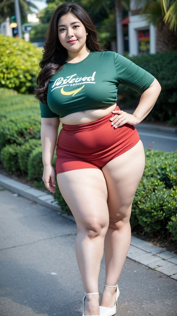 Four twin sisters,Fat woman ((best quality)), ((masterpiece)), (detailed), Oval face, Wearing a green sports T-shirt and skirt, The other wore a red loose shirt and shorts, Thin waist and thick hips, Soft curves, hyperPractical full figure, Wearing a cute top, Long legs,,thickness, Four beautiful plump women, Four curvy female targets,Clear curve details, Curvy hourglass figure, Charming plus size models, bbw酱, full image, Surface Model, Curvy body, (full-body shot)blush, 1girll fat , Golden Ratio,(White and tender skin:),High quality background, HD, Practical, HDR. pedestrian mall,Skin as white as paper,High heel,Beach,coconut tree,坐在Beach上