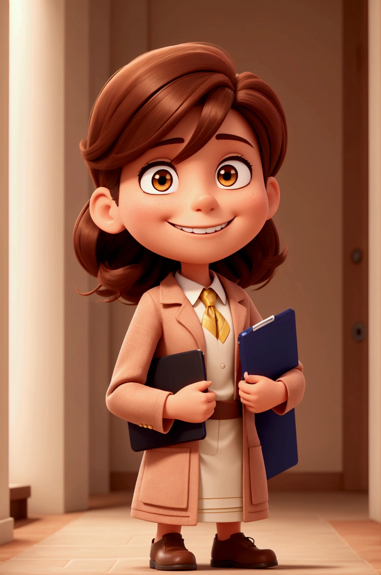 in graduation outfit, Grinning, Brown hair, holding a folder in front of the body