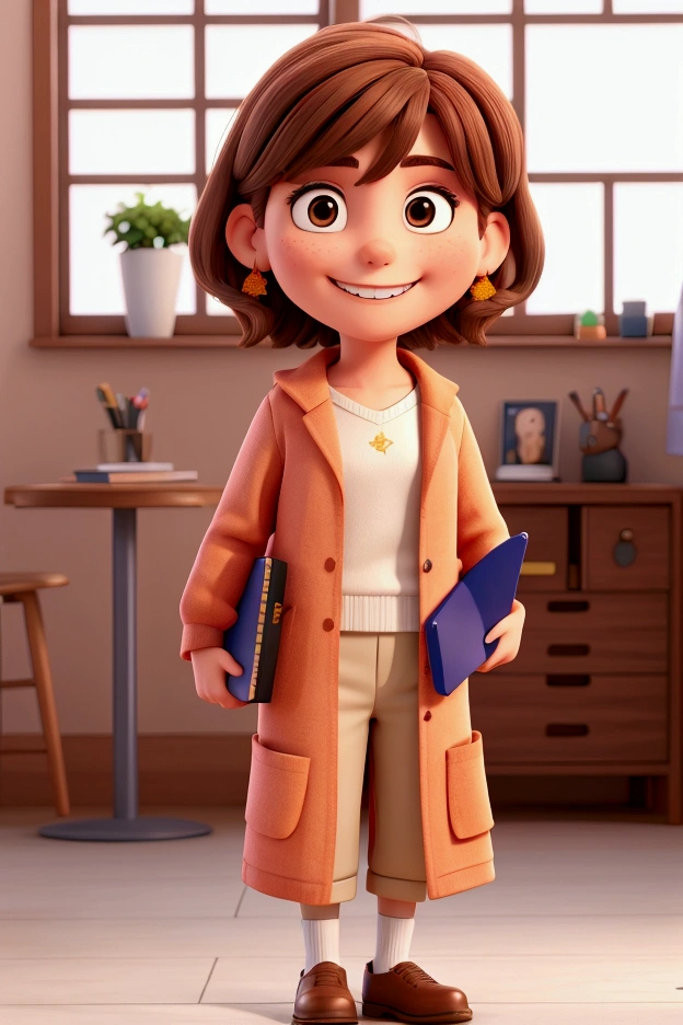   in graduation outfit, Grinning, Brown hair, holding a folder in front of the body