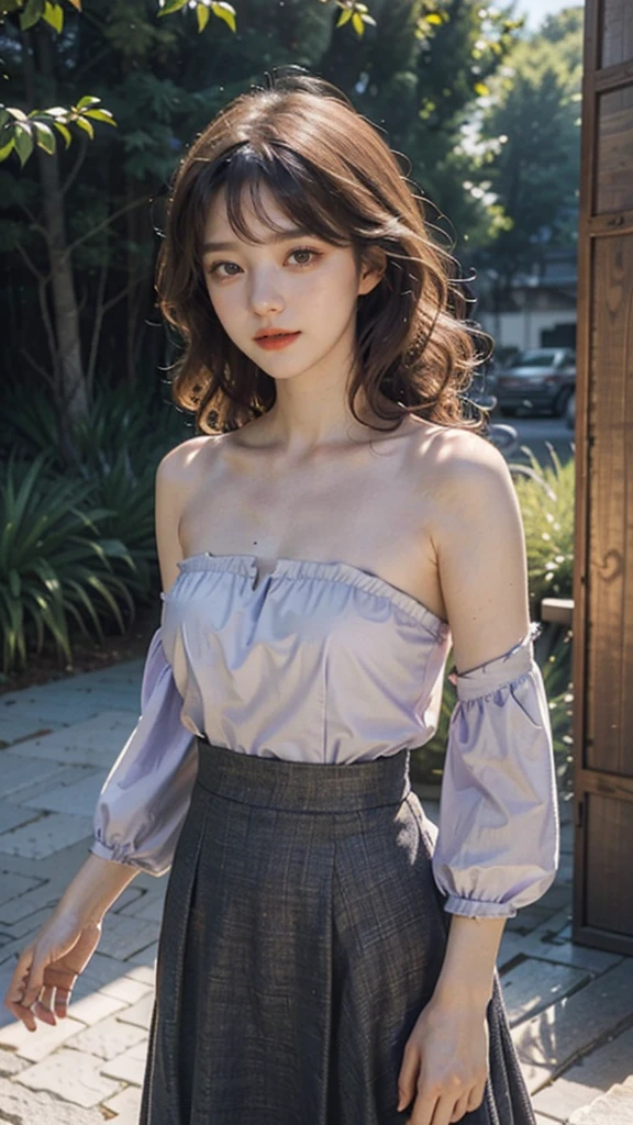 detailed background, masterpiece, best quality, 1 person , curly hair, long hair, purple eyes, star in eye , light lavender Strapless blouse, long skirt