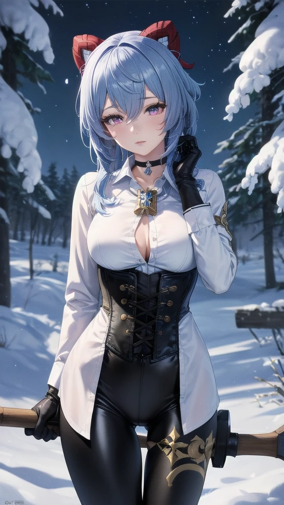 Masterpiece, Beautiful art, professional artist, 8k, sleeping expression, very detailed face, Detailed clothing, detailed fabric, 1 girl, Hiring, (genshin impact), View from the front, standing, perfectly drawn body, pale skin, shy expression, beautiful face, agregar cuernos de Hiring en la cabeza, Long sky blue hair, 4k eyes, very detailed eyes, pink cheeks, choker:1.6, (white long sleeve button down shirt with white collar), black gloves, gloves that cover hands, (holds an ax with his right hand), (black leather corset), (shiny black leggings), Sensual Lips, show details in the eyes, snowy dark forest, at night, starry night sky