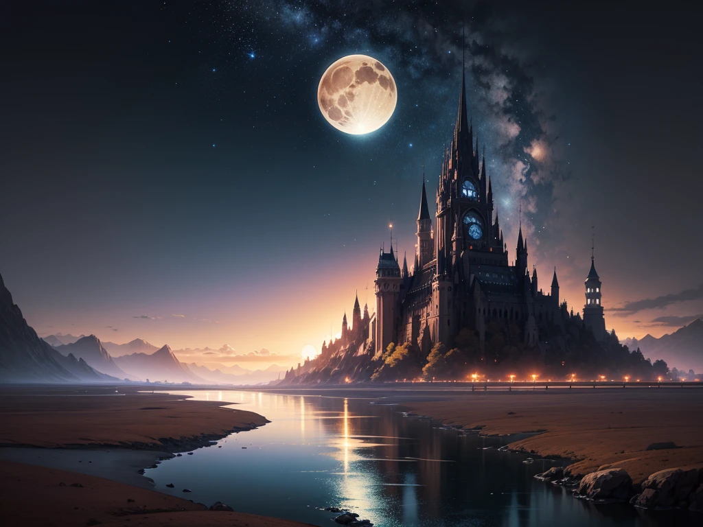Painting of a river with stars and moon floating in the sky, Concept art inspired by Tosa Mitsuoki, pixiv Contest Winner, Highest quality, Fantasy art, Beautiful anime scene, Golden Moon. Bright Moon, Starry Sky environment under the moonlight, Dream painting, Anime Background art, Fantasy Landscape Painting, A dreamlike night, Anime Background, Background artwork, Dreamy Art, Atmospheric anime, Starry Sky, Detail enhancement.