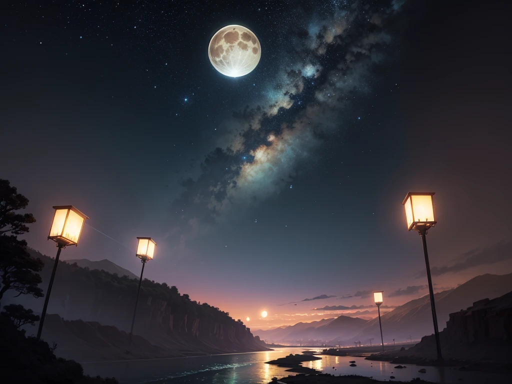 Painting of a river with stars and moon floating in the sky, Concept art inspired by Tosa Mitsuoki, pixiv Contest Winner, Highest quality, Fantasy art, Beautiful anime scene, Golden Moon. Bright Moon, Starry Sky environment under the moonlight, Dream painting, Anime Background art, Fantasy Landscape Painting, A dreamlike night, Anime Background, Background artwork, Dreamy Art, Atmospheric anime, Starry Sky, Detail enhancement.